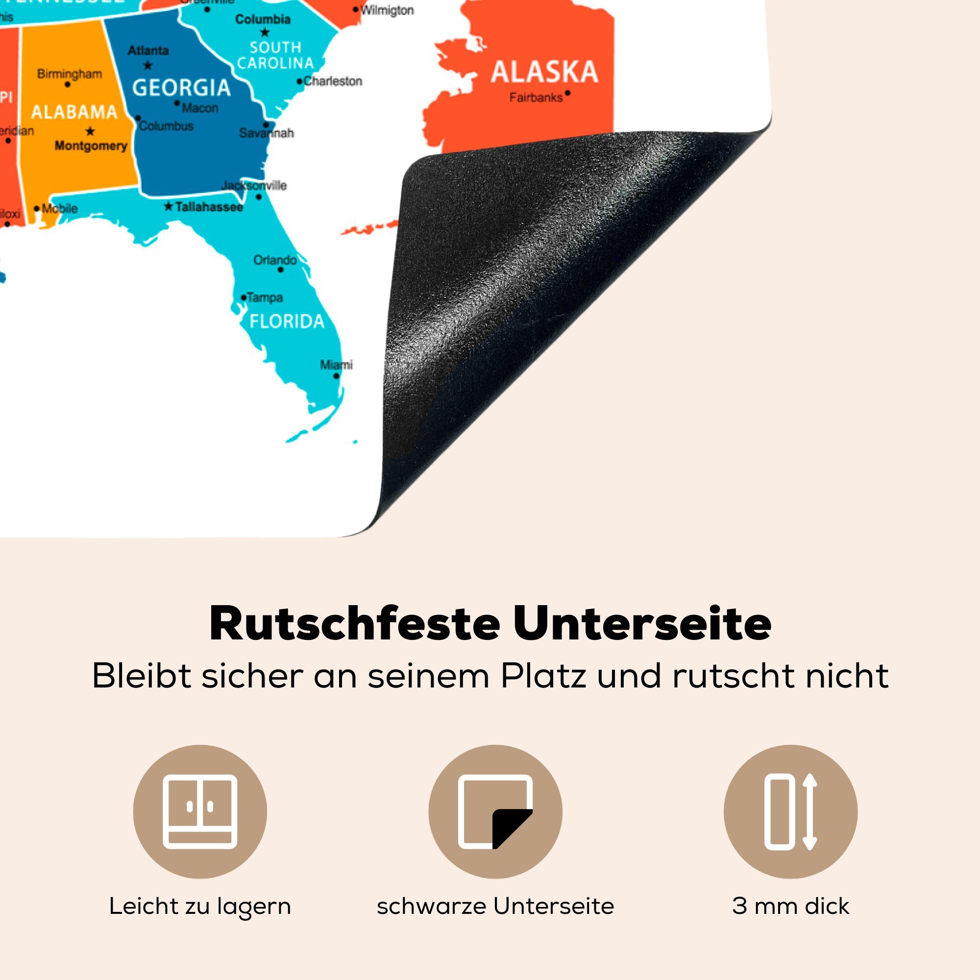 MuchoWow Herdblende-/Abdeckplatte Karte von Amerika für 81x52 die Schutz Induktionskochfeld Vinyl, tlg), Ceranfeldabdeckung (1 in Farbe, küche, cm