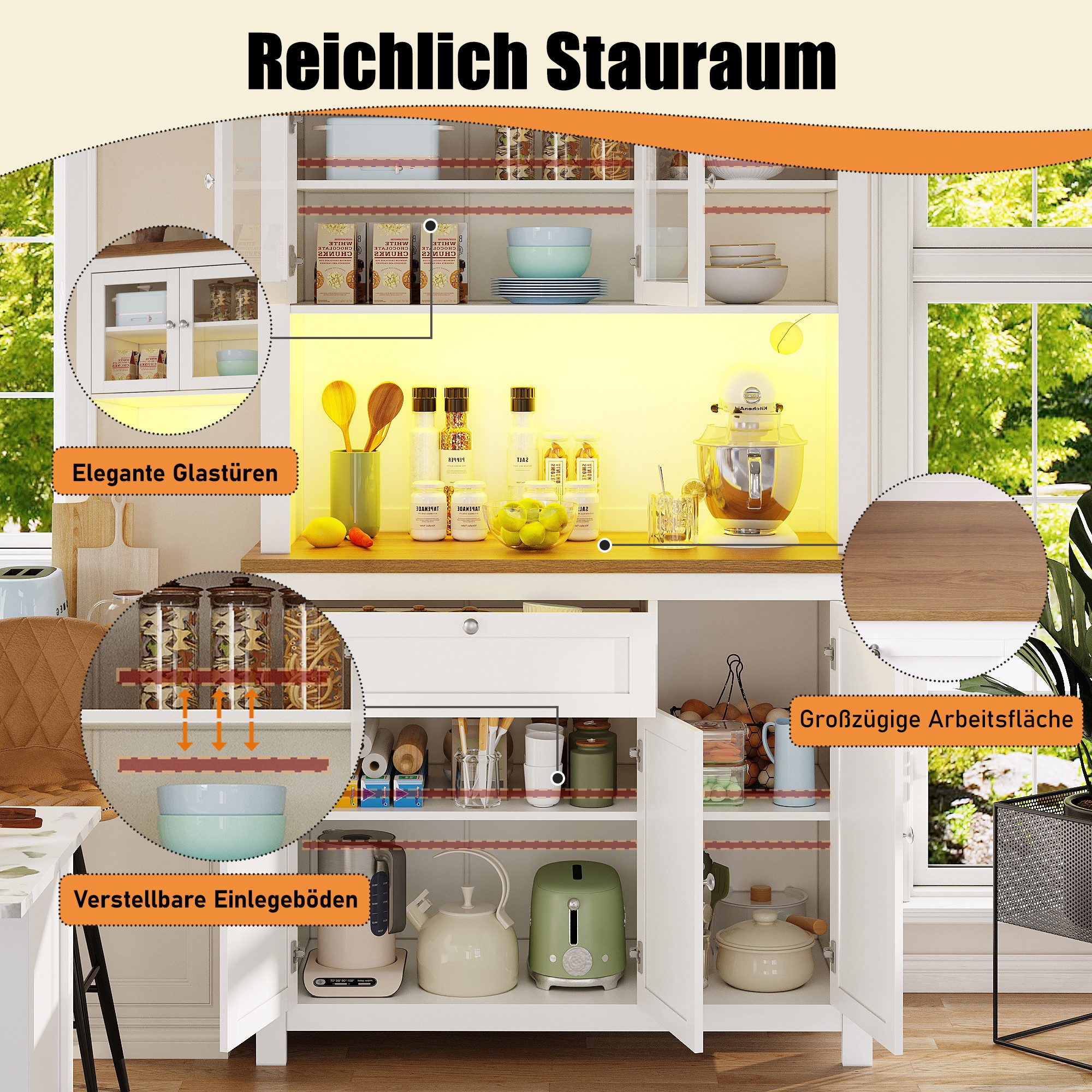Odikalo Küchenbuffet Küchenschrank Sideboard Hochschrank mit Schublade & LED (Küchenschrank(104×40×180cm), Hochschrank Küchenbuffet, Vitrinenschrank, Buffetschr – Bild 4 von 5