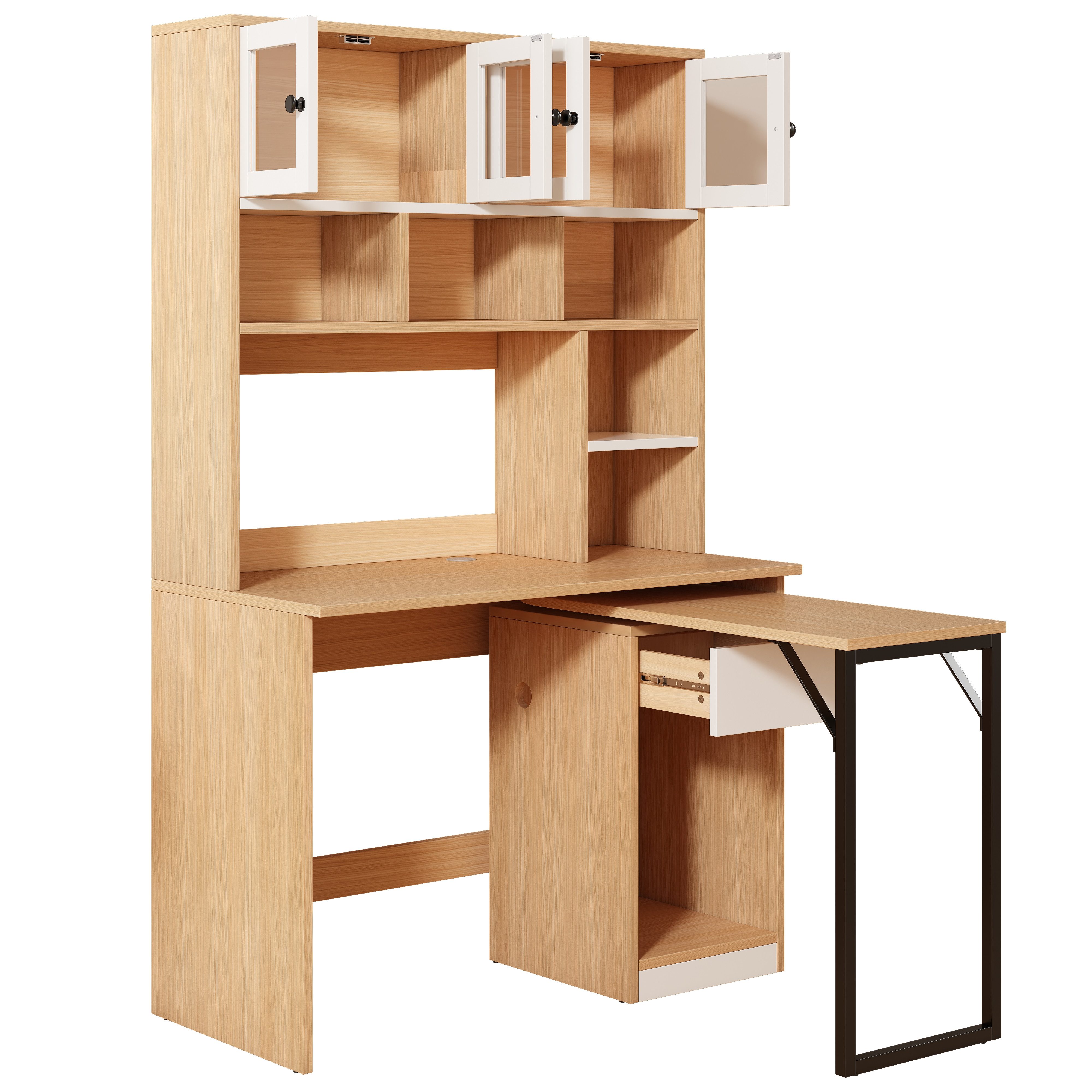 HAUSS SPOLE Schreibtisch Computertisch Arbeitstisch mit drehbarer kleiner Tisch, Kabelloch (Computertisch mit Acryltüren und drehbarem Design, 180 cm, Regal-Schreibtisch für Büro und Arbeitszimmer, Weiß-Natur, flexibler Stauraum, mit Kabelloch-Design und Anti-Kipp-Schutz), Kein Stuhl