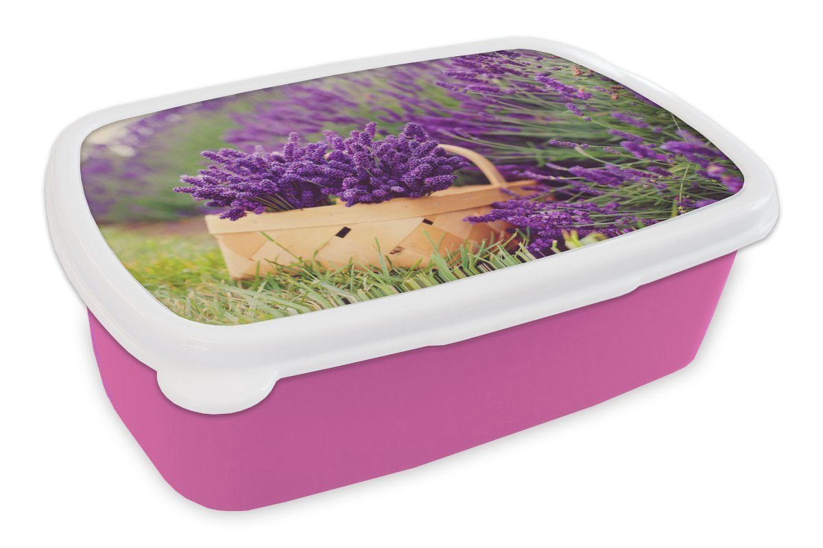 MuchoWow Lunchbox Frischer Lavendel in einem Korb, Kunststoff, (2-tlg), Brotbox für Erwachsene, Brotdose Kinder, Snackbox, Mädchen, Kunststoff rosa