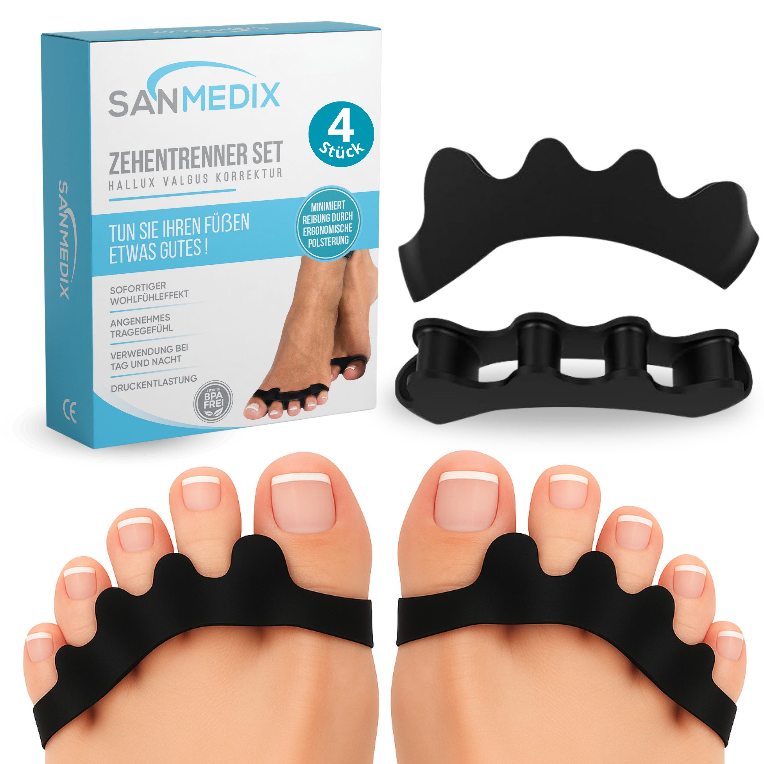 Sanmedix Zehenspreizer für alle Zehen - Zehentrenner aus Silikon für Damen & Herren, 2 Paar / 4 Stück, Zehenstrecker Korrektur Set gegen Hallux Valgus, Ballenzehen uvm.