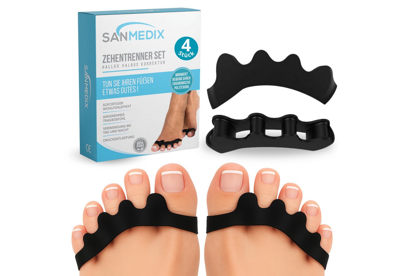 Sanmedix Zehenspreizer für alle Zehen - Zehentrenner aus Silikon für Damen & Herren, 2 Paar / 4 Stück, Zehenstrecker Korrektur Set gegen Hallux Valgus, Ballenzehen uvm.