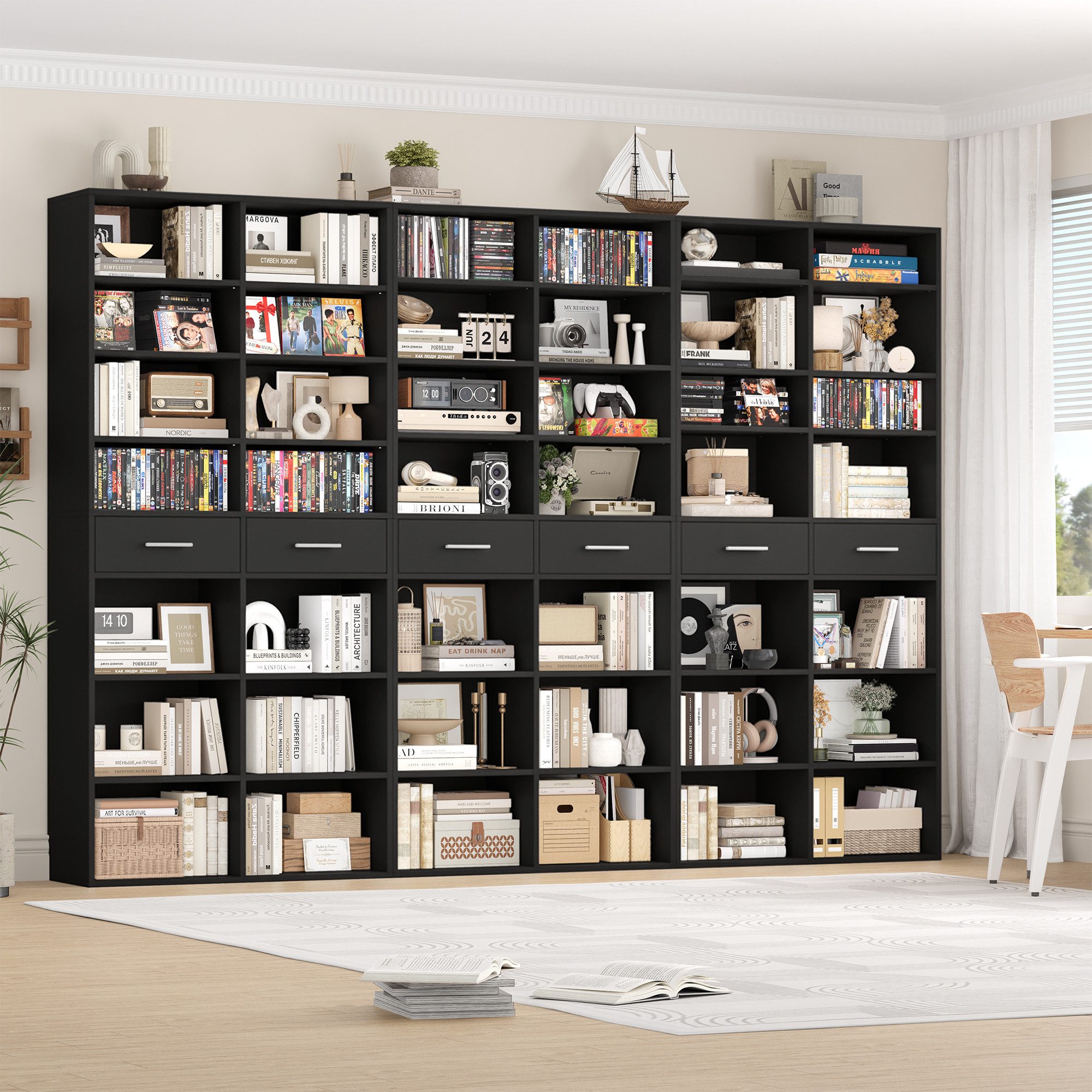 HOMECHO Bücherregal, 185,5 cm hoch Standregal mit 8 Ebenen und 2 Schubladen