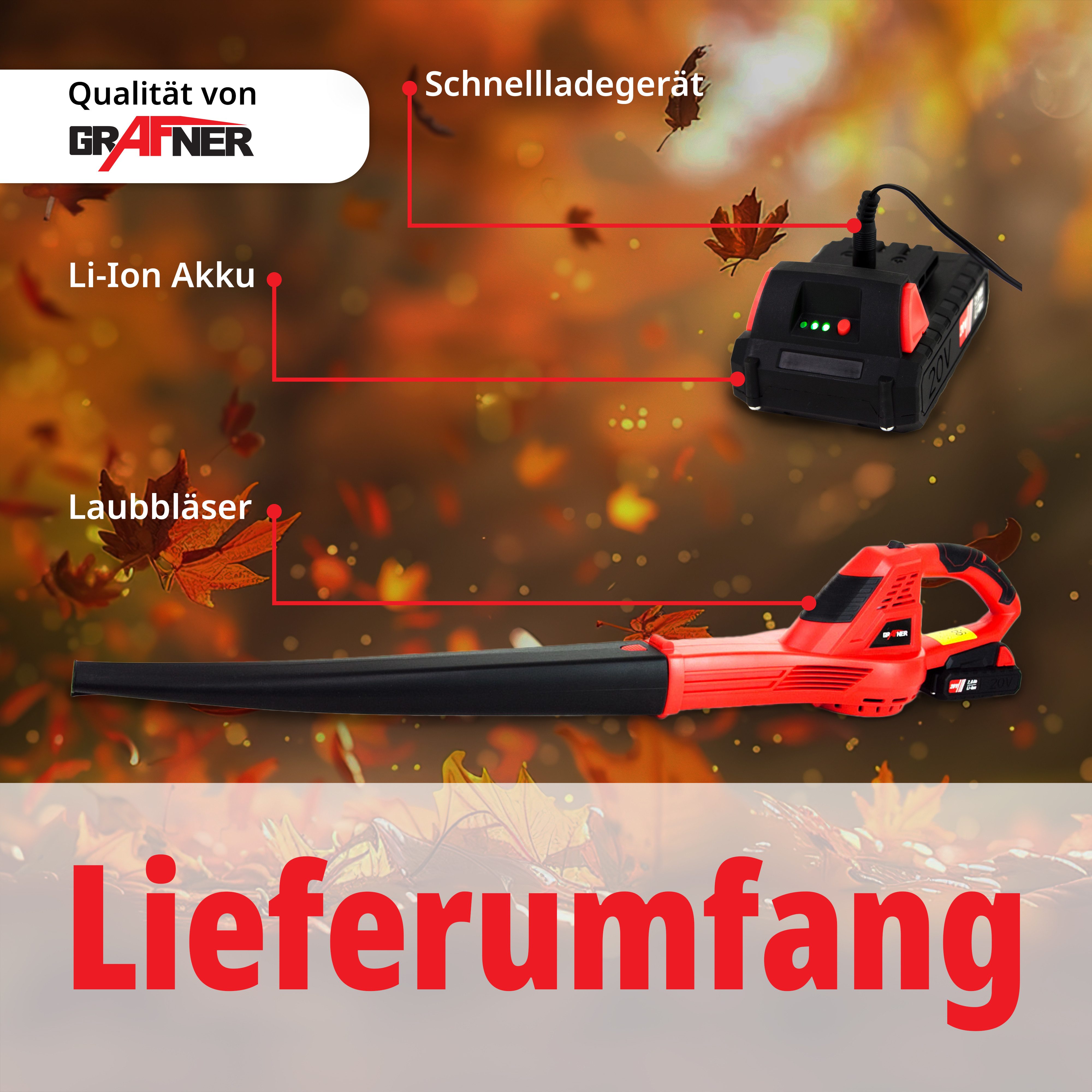 Grafner Akku-Laubbläser Laubbläser mit Akku Laubgebläse 20V mit Ladegerät Bläser, Akku, Blas-Luftstrom max. 200 km/h