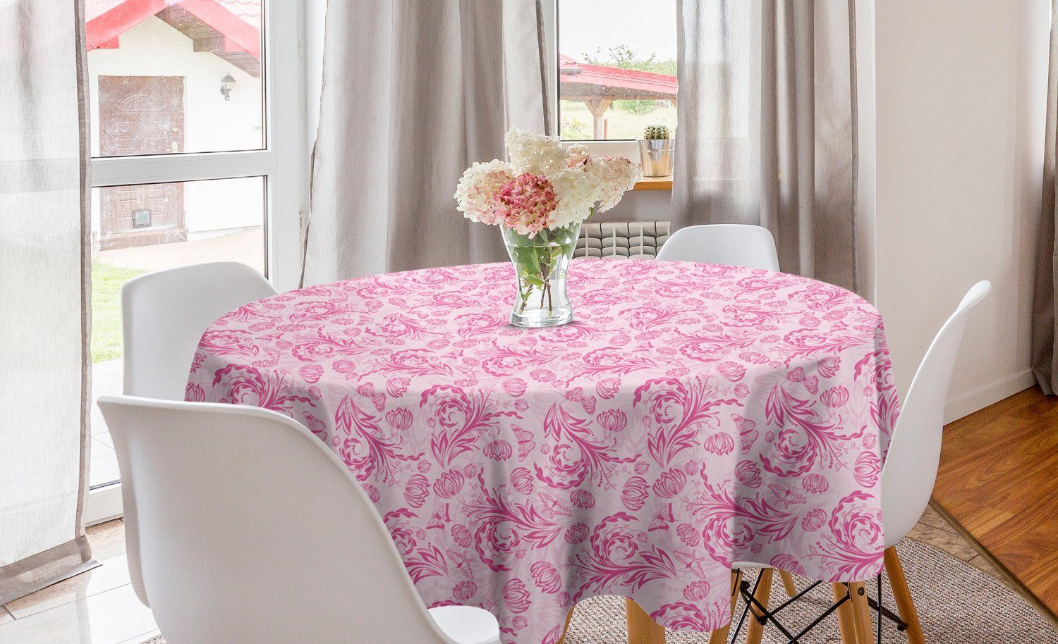 Abakuhaus Tischdecke Kreis Tischdecke Abdeckung für Esszimmer Küche Dekoration, Rosa Blumen punktiert Schmetterlinge Liebe | Tischdecken