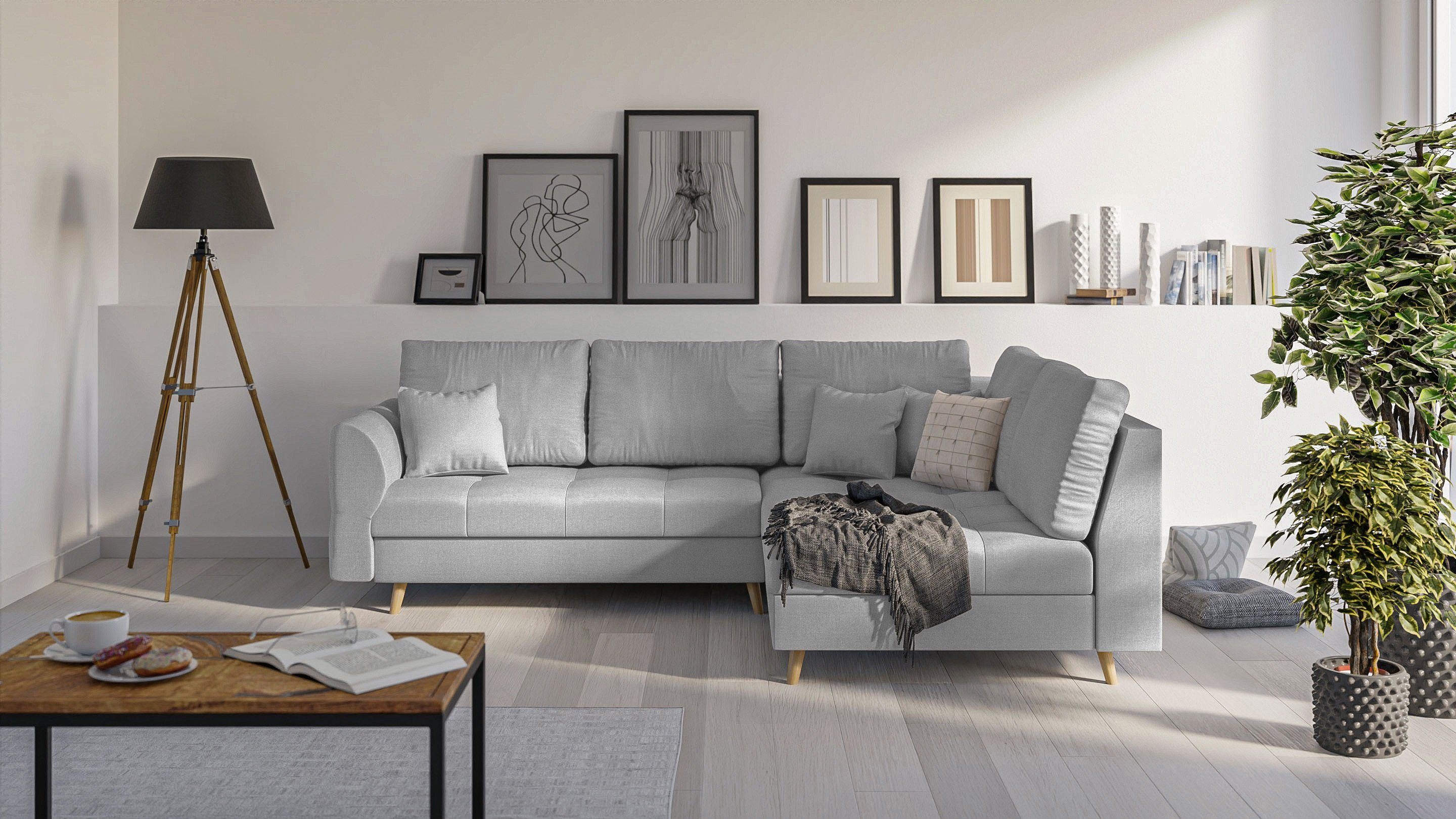 S-Style Möbel Ecksofa Cuba mit Holzfüßen im skandinavischen Stil, Ottomane links oder rechts bestellbar, mit Wellenfederung