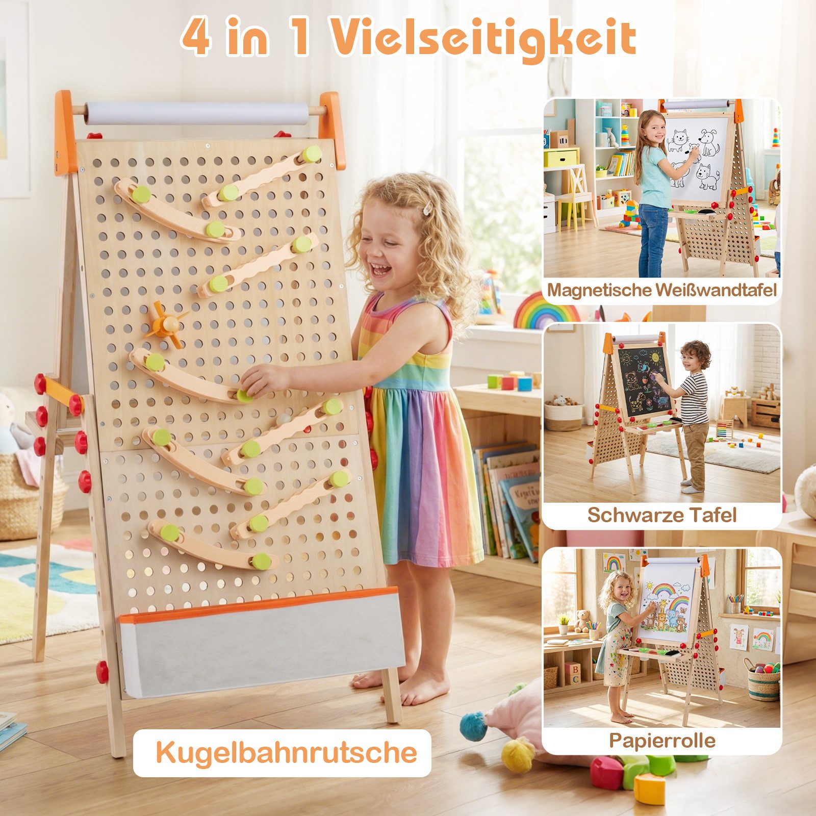 COSTWAY Standtafel, Staffelei 3 in 1, doppelseitige Kidnertafel aus Holz