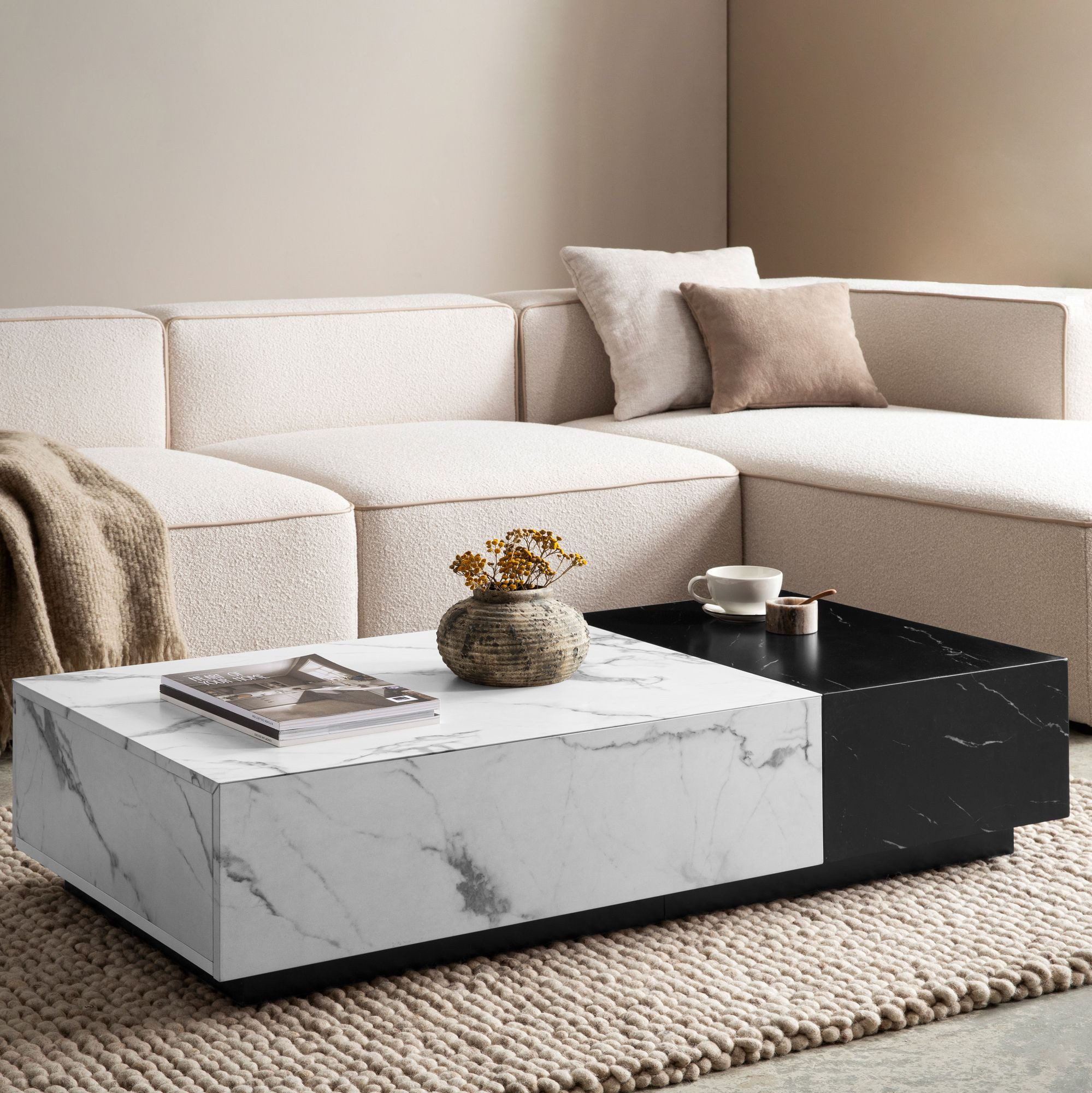 FINEBUY Couchtisch FB107248 Sofatisch Weiß 120 cm Marmoroptik Wohnzimmertis günstig online kaufen