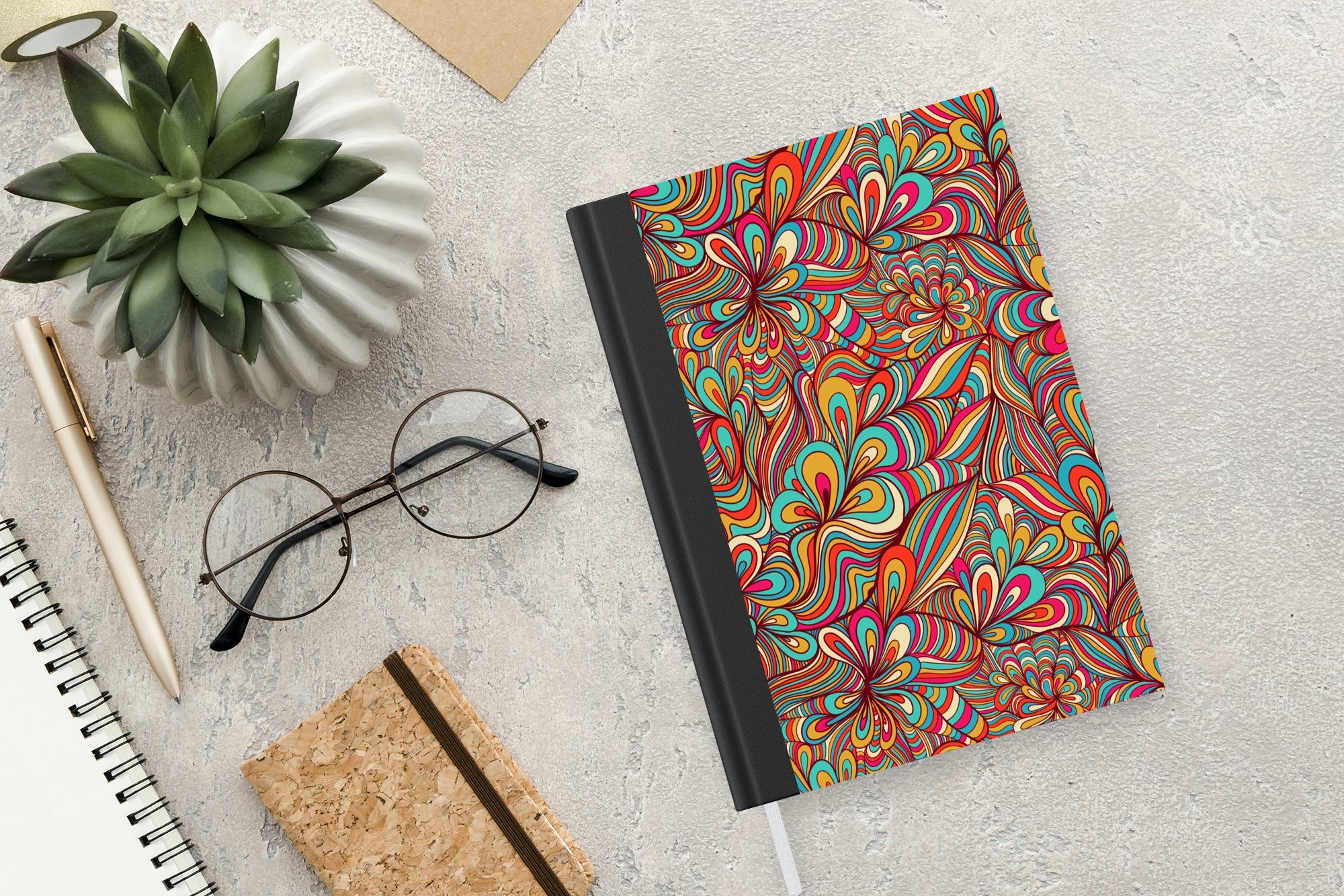 Notizheft, Fantasie 70er Design MuchoWow Tagebuch, Merkzettel, Farbe, Notizbuch - Seiten, Journal, - 98 A5, Jahre - Haushaltsbuch