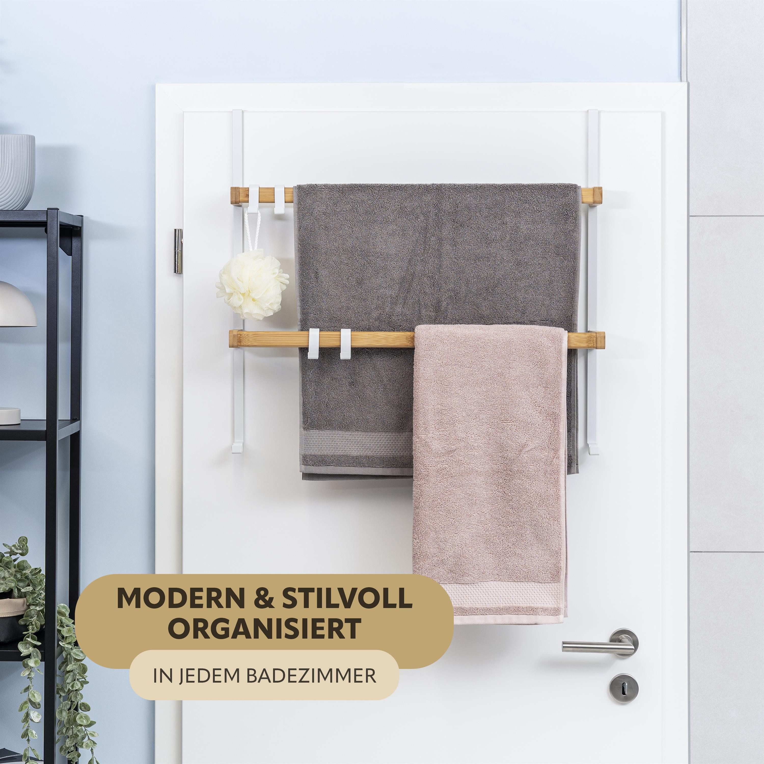 eluno Türregal aus Metall und Bambus, 2 Handtuchstangen, 4 Haken
