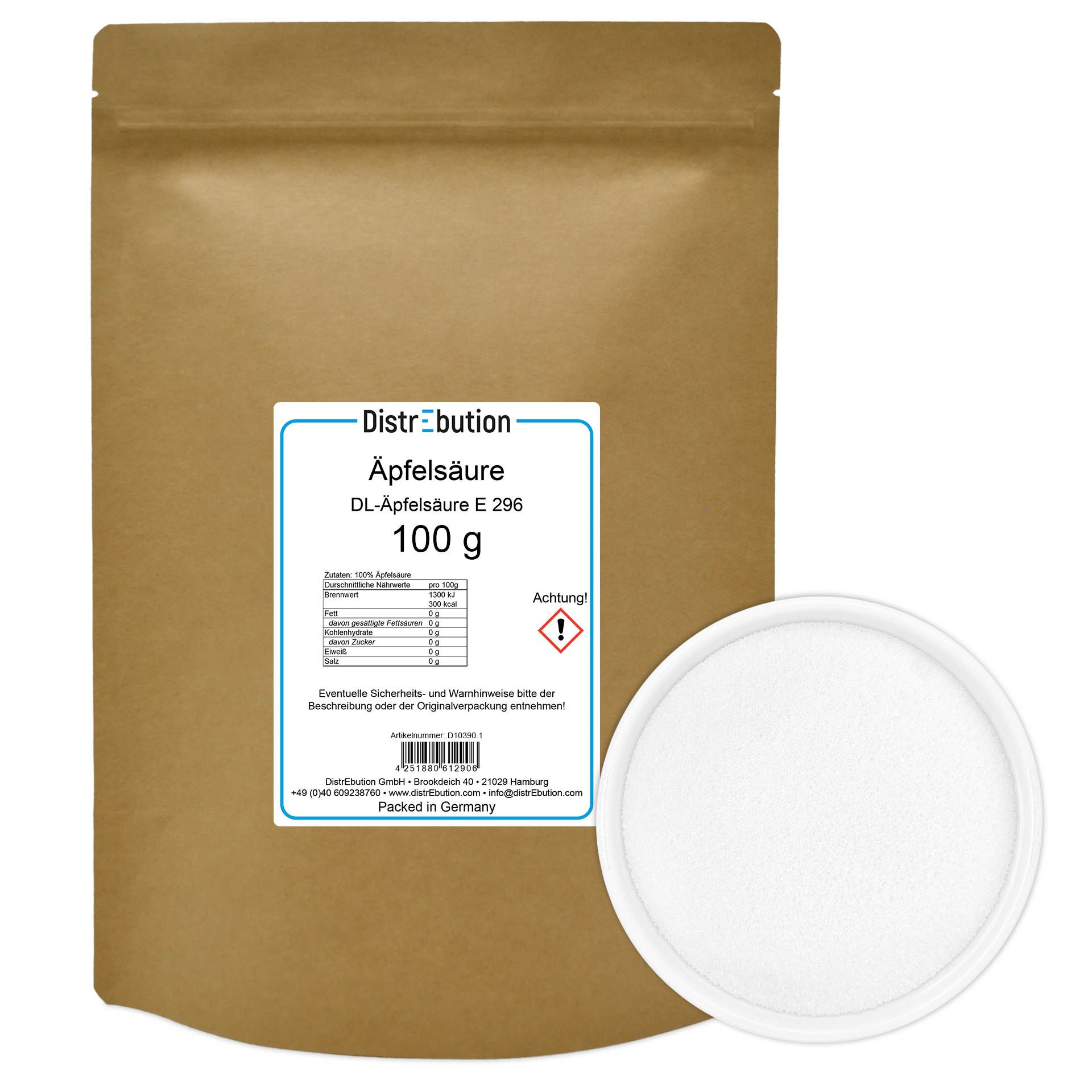 DistrEbution Gemüsekonserve Äpfelsäure Pulver (E 296) – Konservierungsstoff und Säuerungsmittel, 100 g, Reine DL-Äpfelsäure