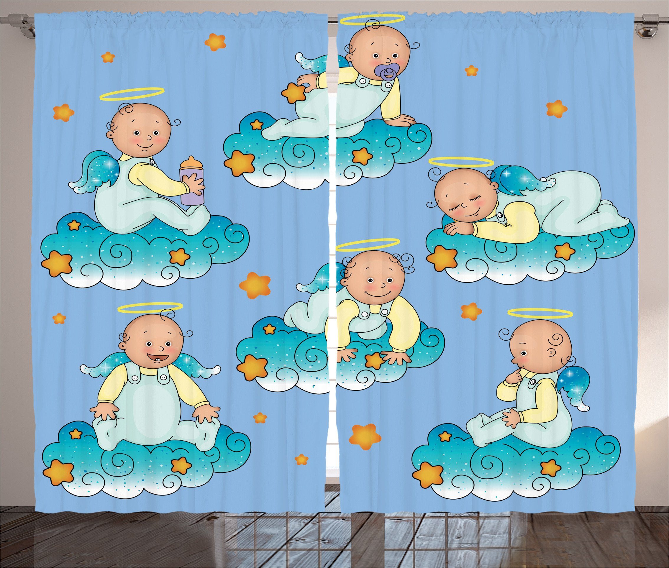 Abakuhaus, Schlafzimmer und Vorhang Cartoon auf Haken, Blau Schlaufen Babys in Kräuselband Wolken mit Gardine