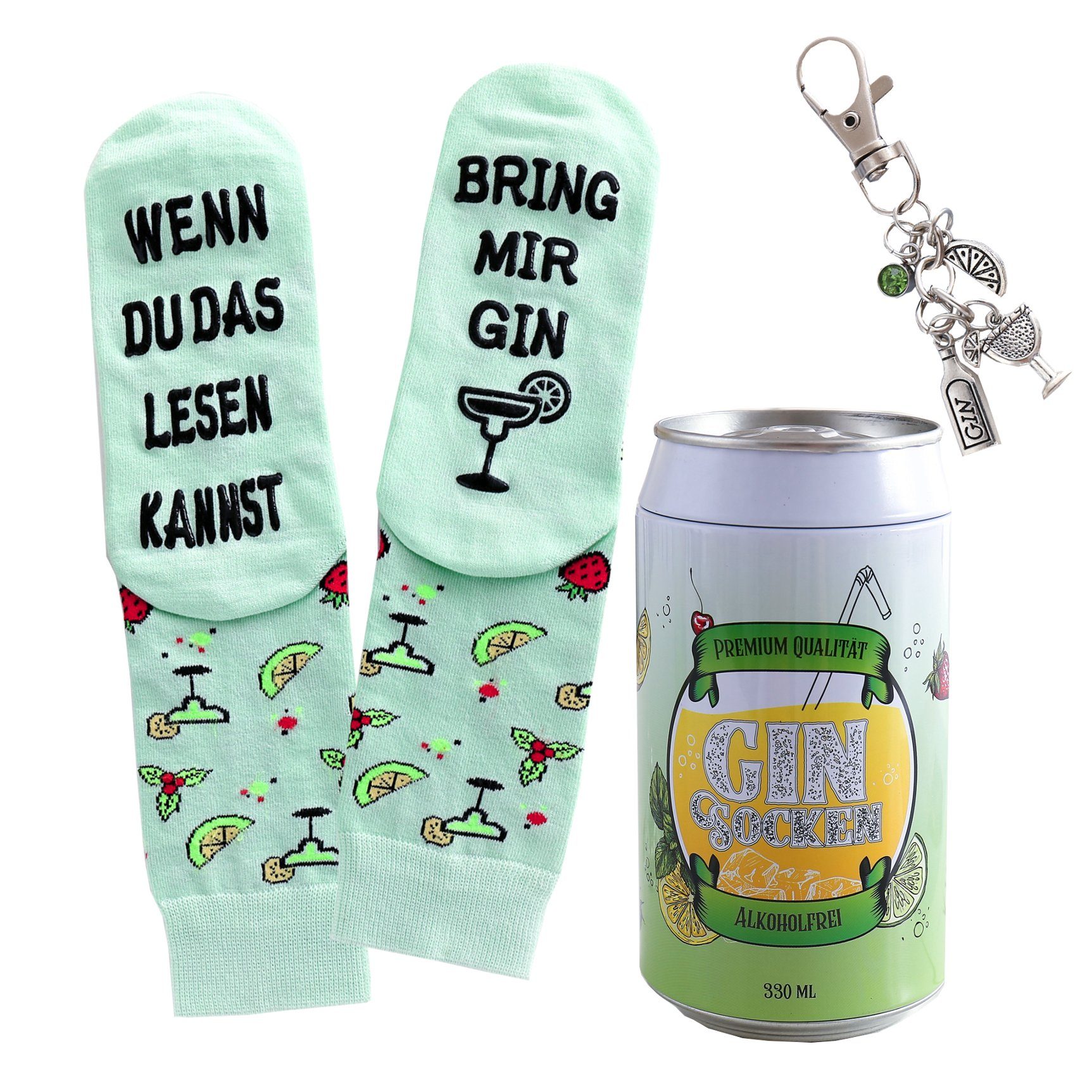 Lucadeau Freizeitsocken Gin-Socken mit Schlüsselanhänger in einer Design-Dose, mit Spruch (1 Paar) rutschfest, Gr. 39-45, Geschenke für Frauen und Männer