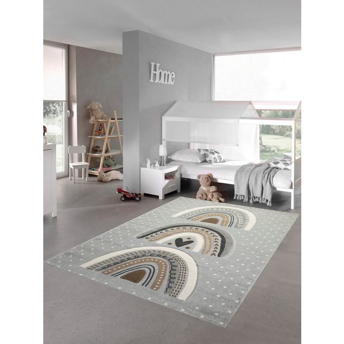 Kinderteppich Kinderzimmer Teppich Spielteppich gepunktet Herz Regenbogen Design - grau braun Teppich-Traum rechteckig Höhe: 13 mm