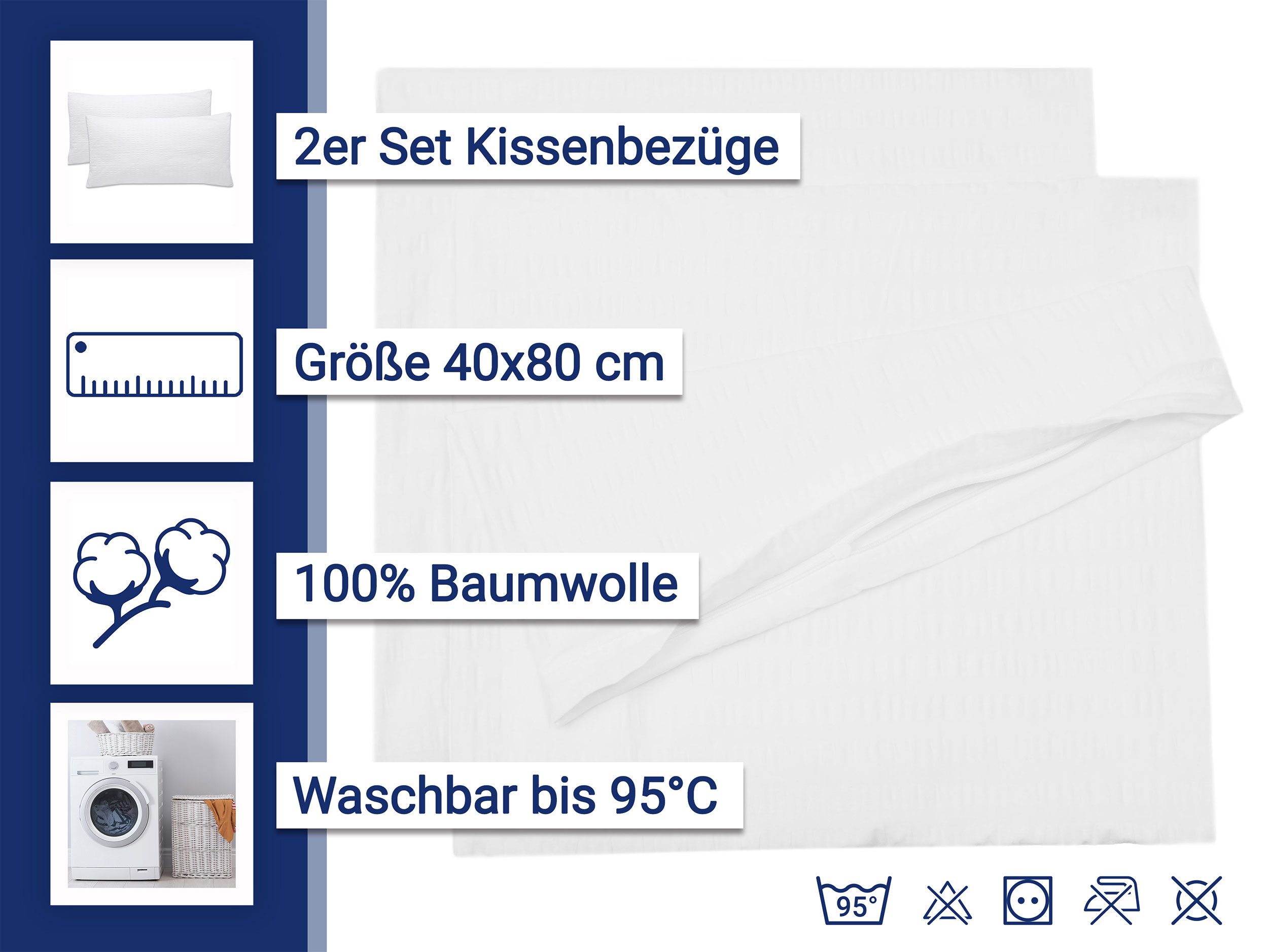 ZOLLNER Kissenbezug, (2 Stück), 40 x 80 cm, 100% Baumwolle, vom Hotelwäschespezalisten, Seersucker