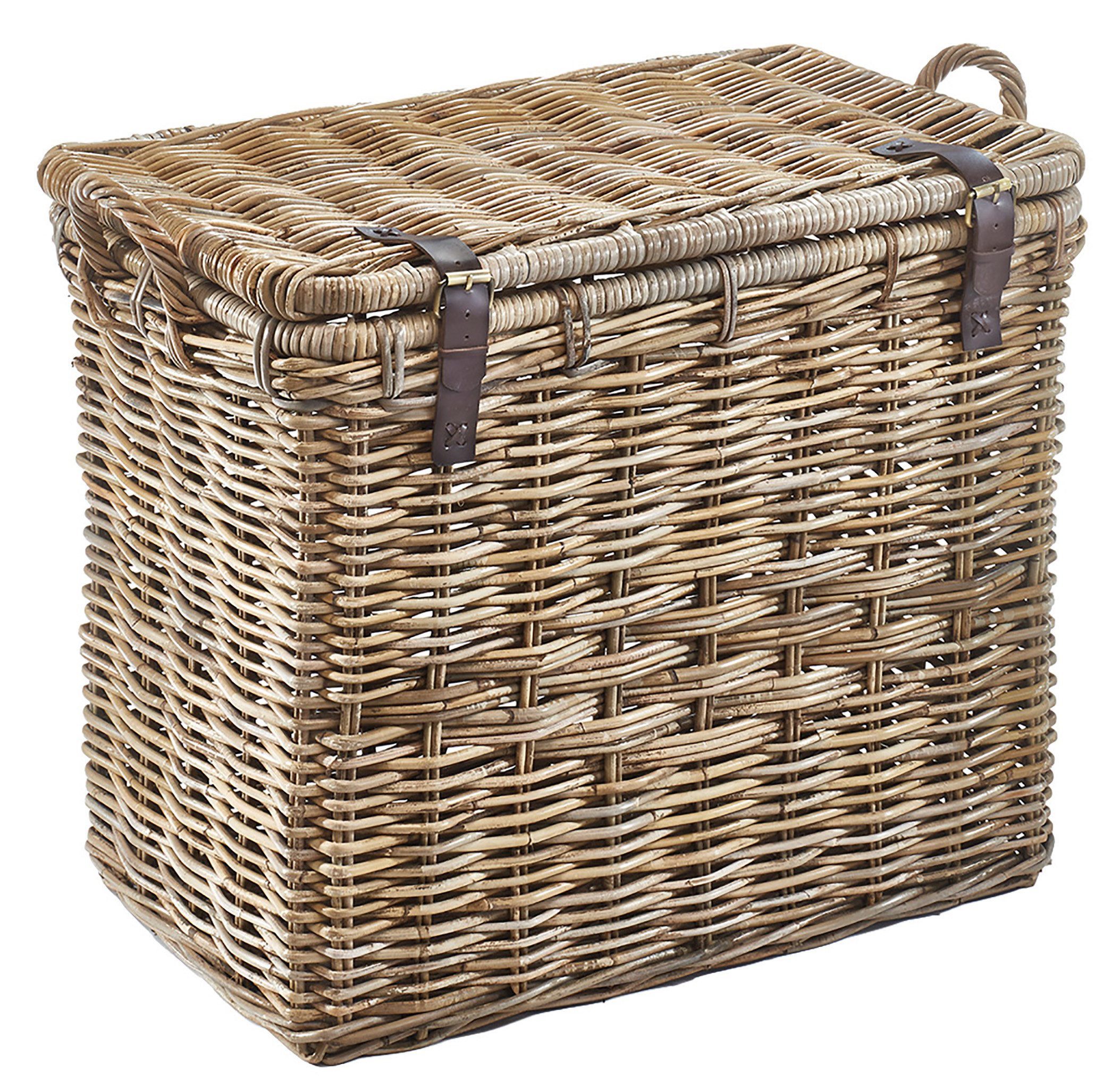 Kobolo Aufbewahrungskorb Universalkorb aus Rattan mit Deckel, Griffen und Lederriemen (Einzelstück, 1 St., 1 Stück), Ordnungssystem mit viel Stauraum