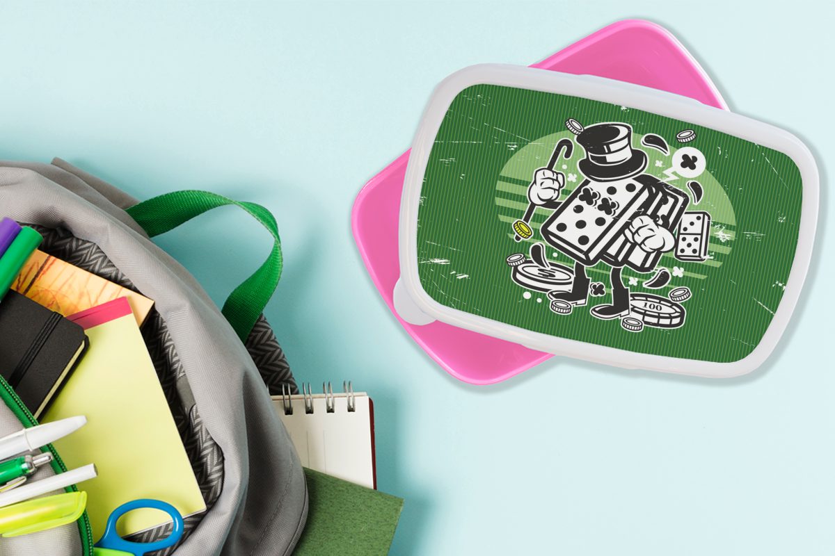 MuchoWow Brotbox Mädchen, (2-tlg), Kunststoff, für Retro, rosa - Snackbox, Erwachsene, Hut - Kunststoff Kinder, Lunchbox Domino-Steine Brotdose