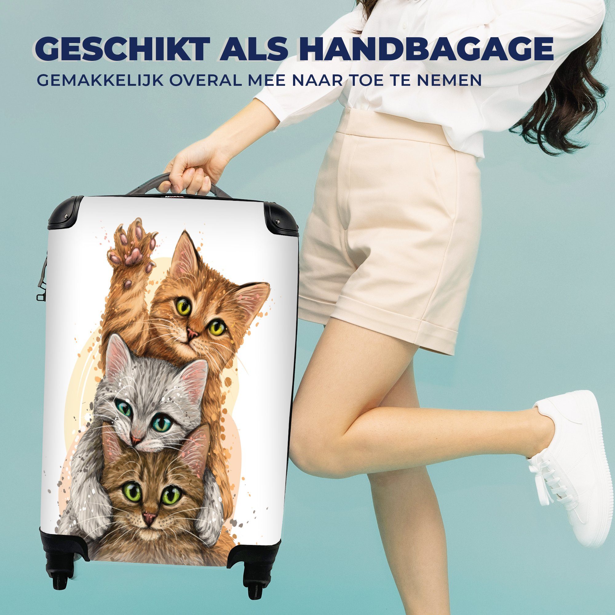 Reisetasche Illustration Handgepäckkoffer Ferien, Handgepäck Haustiere Rollen, - Katzen Trolley, - für rollen, Reisekoffer MuchoWow - 4 mit Katze,