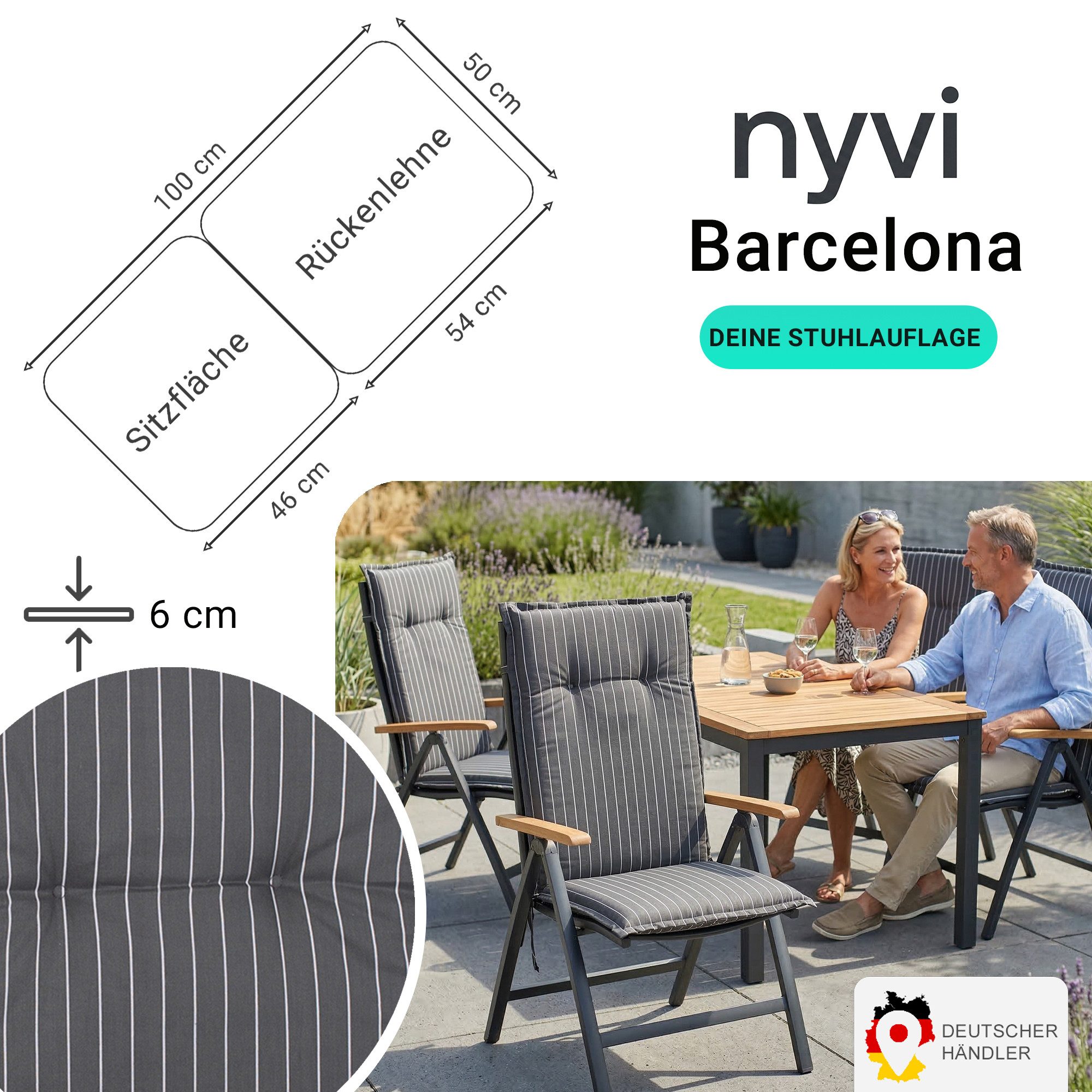 NYVI Sitzauflage Niedriglehner Auflagen 6er Set Barcelona Gartenstuhlauflagen 100x50cm, (6 St), Niederlehner Stuhlauflage Sitzauflage mit Halteband Streifen gestreift