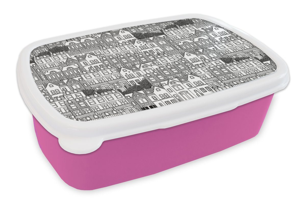 Kunststoff, - Brotbox London, - Kunststoff MuchoWow Kinder, für Mädchen, Muster Snackbox, Lunchbox Brotdose rosa Erwachsene, Haus (2-tlg),