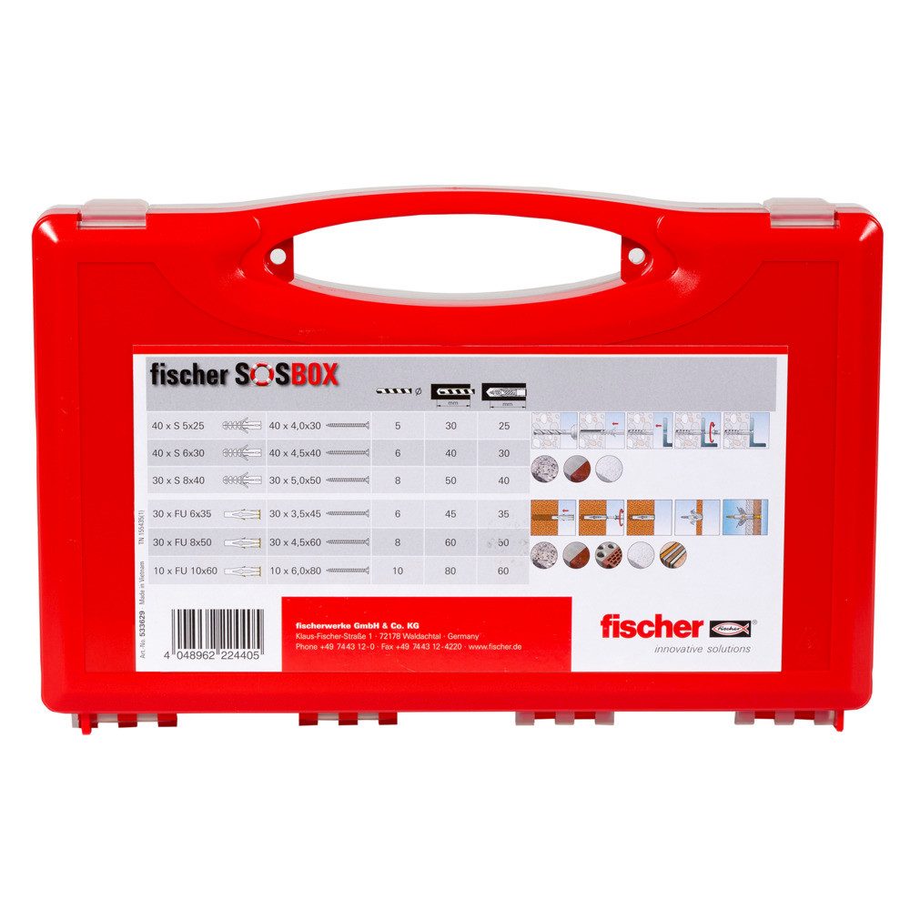 fischer Schrauben- und Dübel-Set SOSBOX Dübel S und FU mit Schrauben, 360 Teile, (360 St., S 5x25/6x30/8x40 je 40/40/30, FU 6x35/8x50/10x60 je 30/30/10)