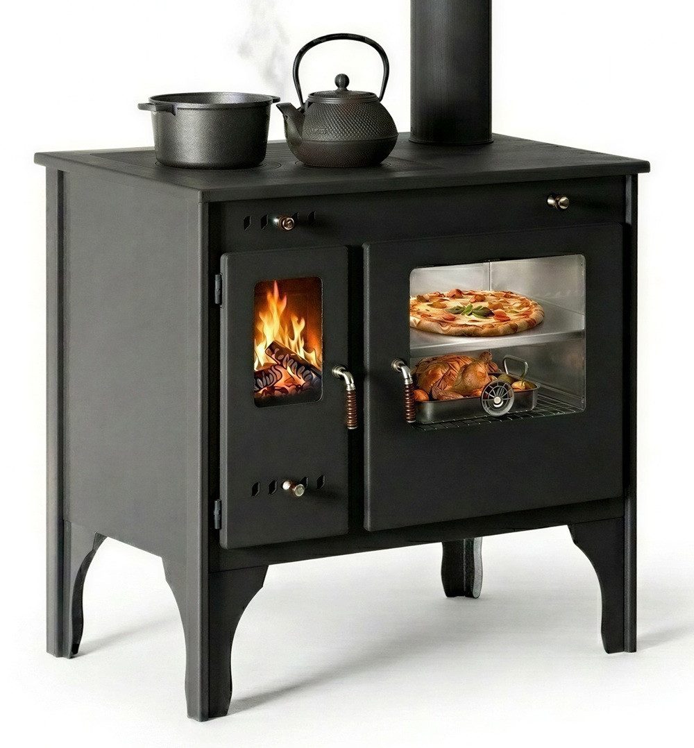 Prometey Festbrennstoffherd Küchenofen Holzherd R ECO INOX mit Edelstahlbackofen, rechte Version, 7,0 kW