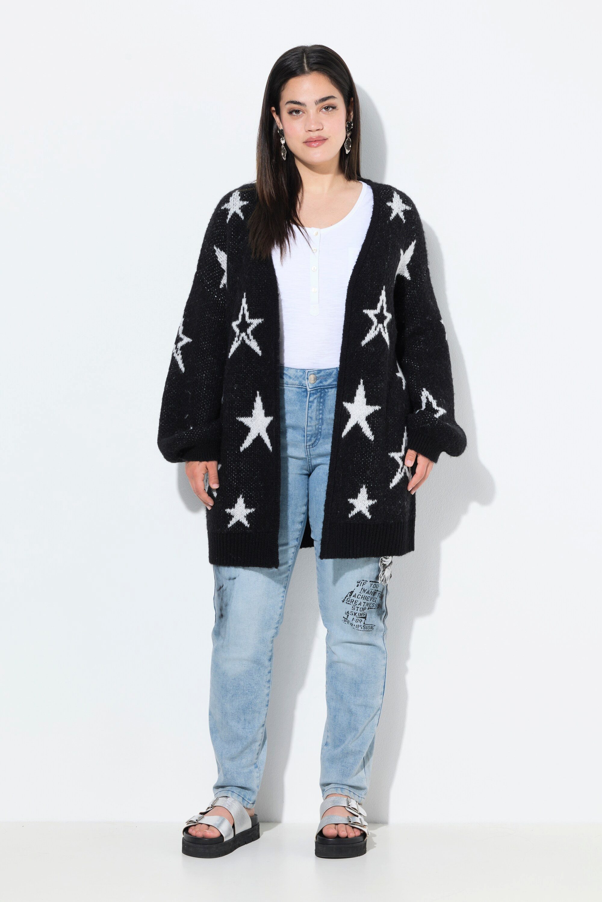 Strickjacke Long-Strickjacke offen Sterne Ballon-Langarm
