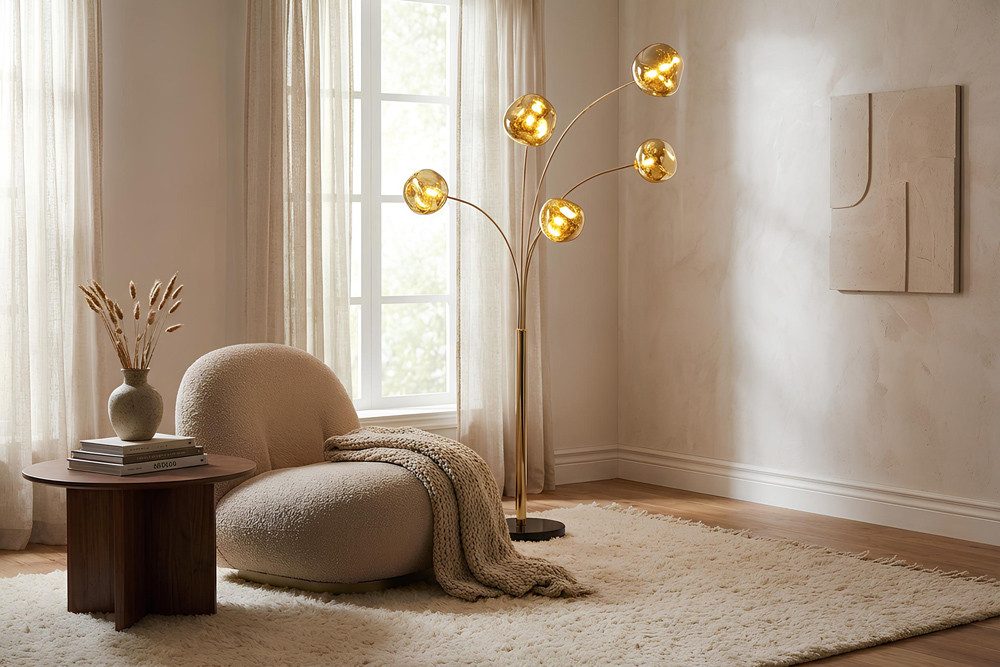 riess-ambiente Stehlampe LIQUID DIAMOND 200cm gold/schwarz – Glas, Stahl, mit 5 Kugelschirmen, Ein-/Ausschalter, ohne Leuchtmittel, mehrarmiges Design mit Marmorfuß – ideal für Lounge oder Essbereich