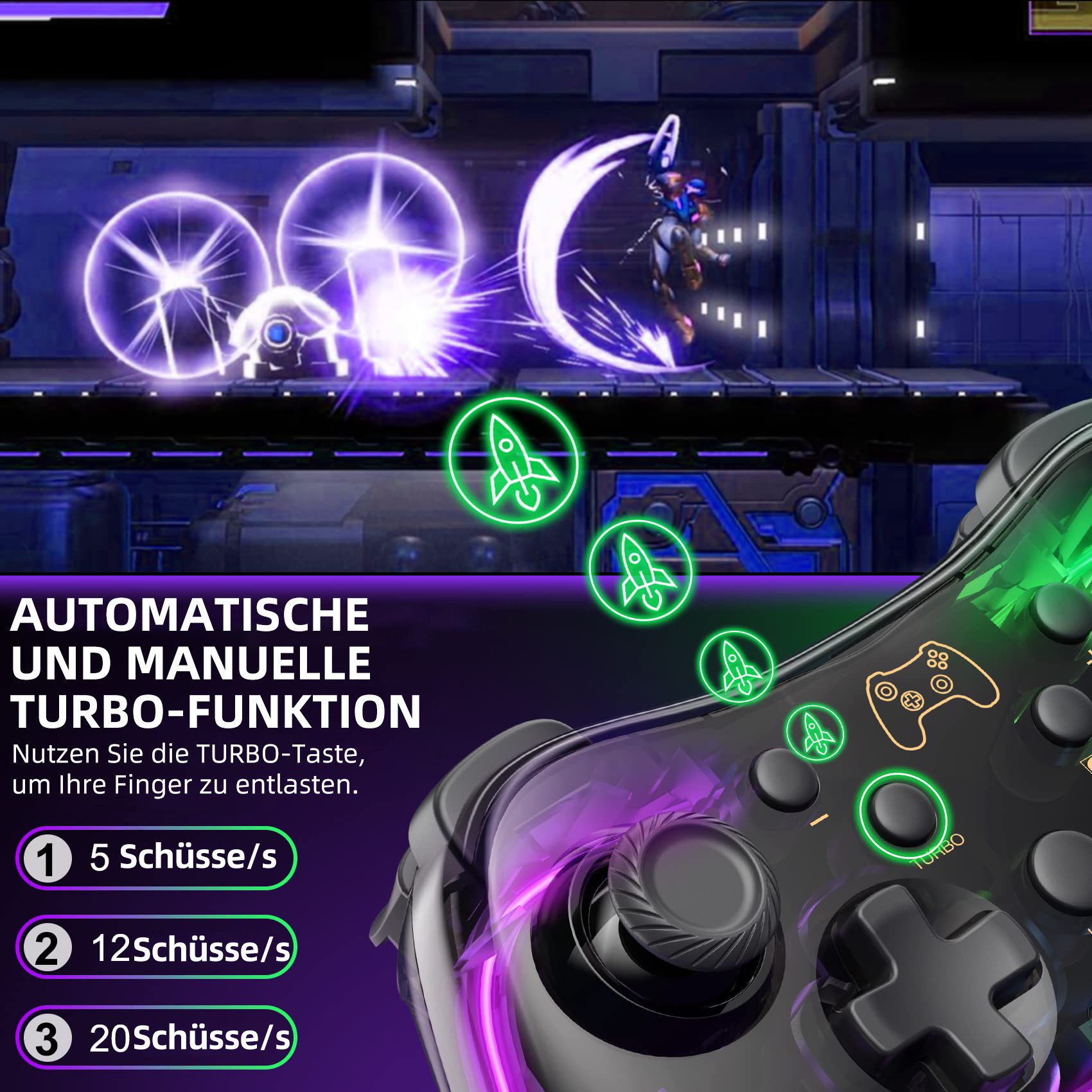 Tekoo Wireless Controller für Switch & PC, Transparentes RGB Gamepad, App Gaming-Controller (Packung, Transparentes RGB-Design, App-Steuerung, Turbo-Funktion)