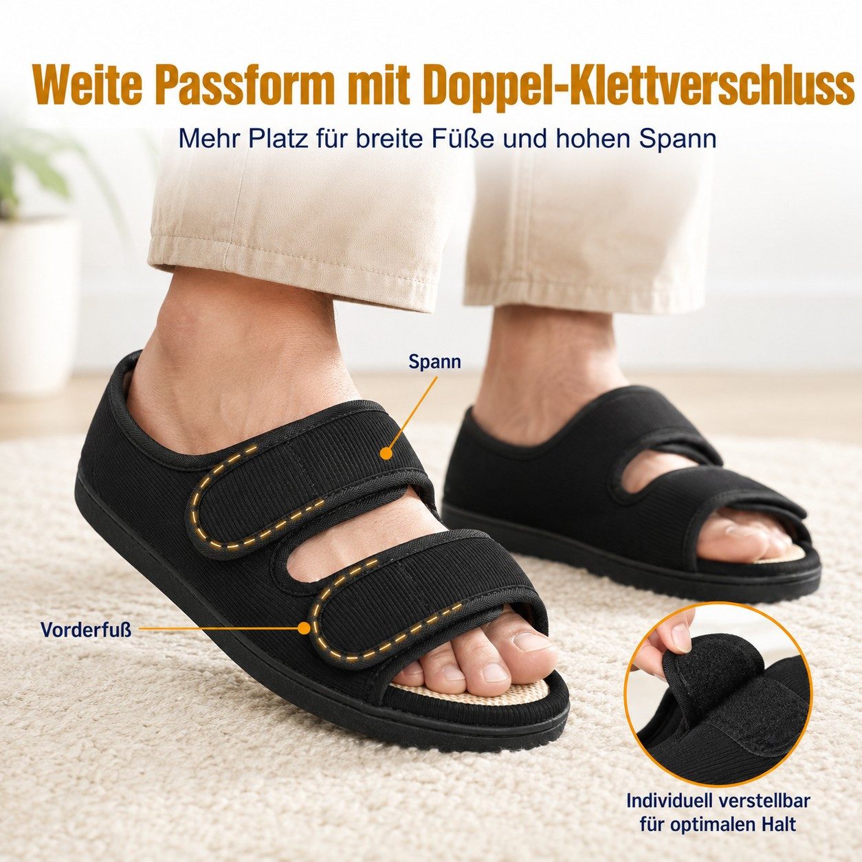 TIESTRA Offene Hausschuhe, weit geschnittenes, passgenaues Design Sandale mit doppeltem Klettverschluss – Bild 3 von 5