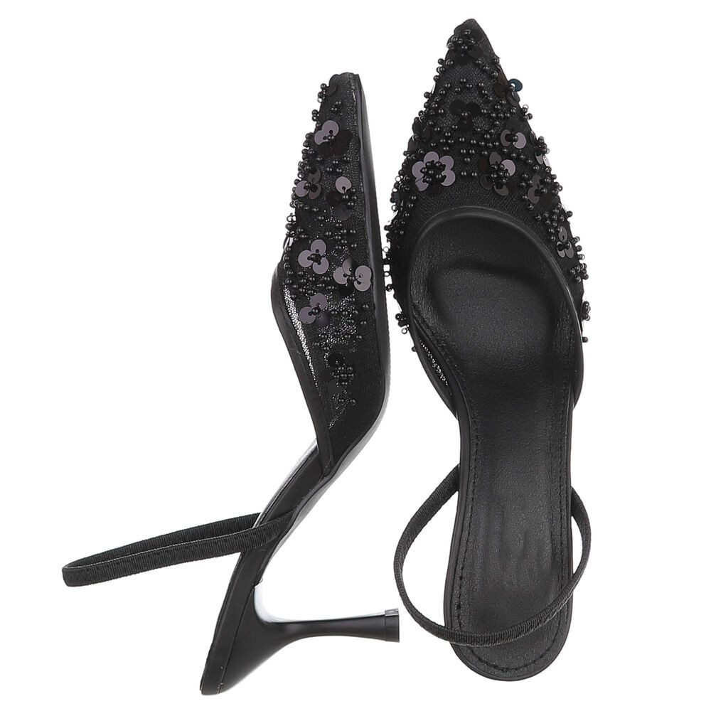 Ital-Design Damen Slingback-Pumps mit Blumenapplikation und Absatz Schnürpumps (92214456) Pfennig-/Stilettoabsatz Pumps in Schwarz