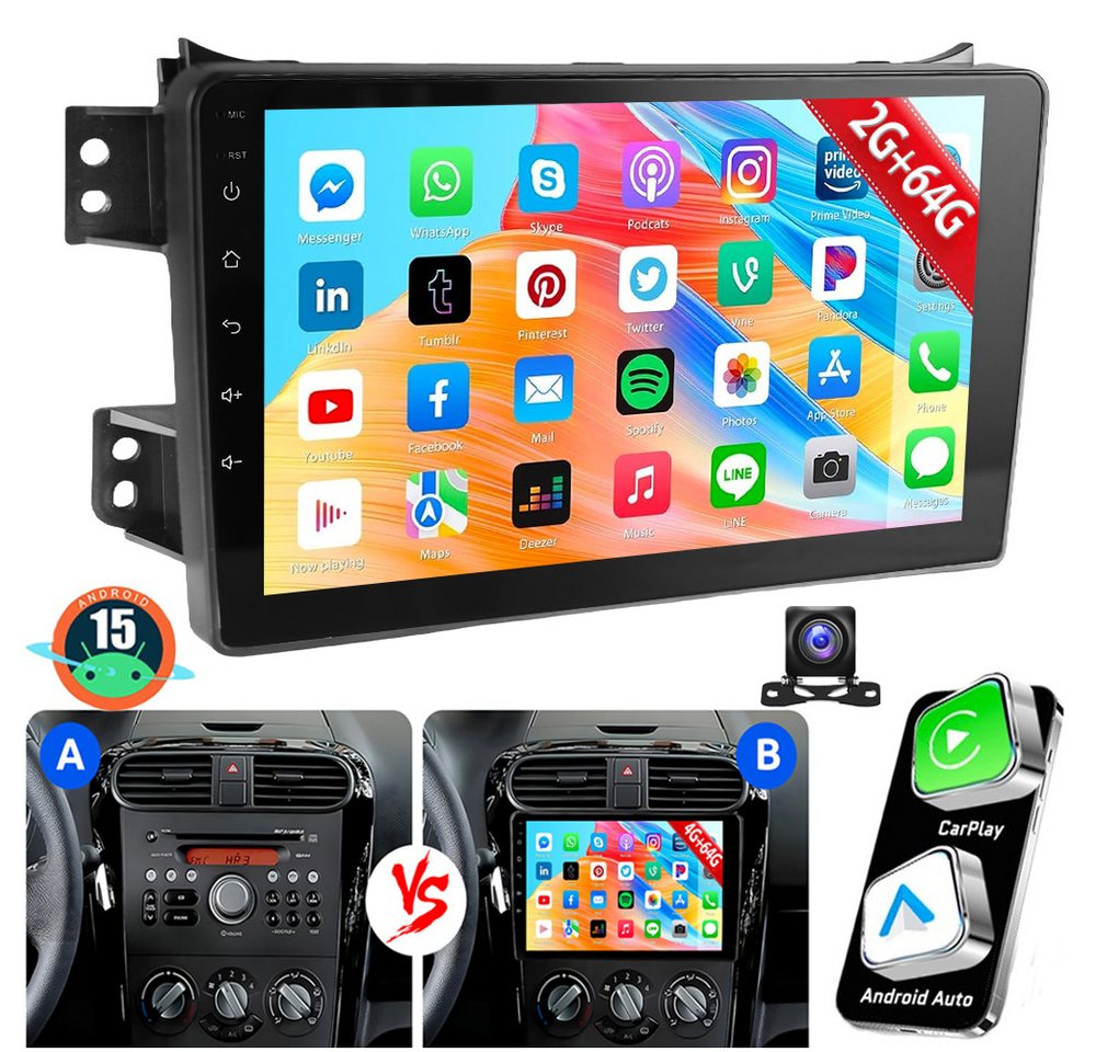 ESSGOO CarPlay 128G Für Opel Agila B 04-14 Suzuki Splash Autoradio Android 15 Autoradio (DAB+ (optional), AM, FM, RDS, 4+64GB(optional)