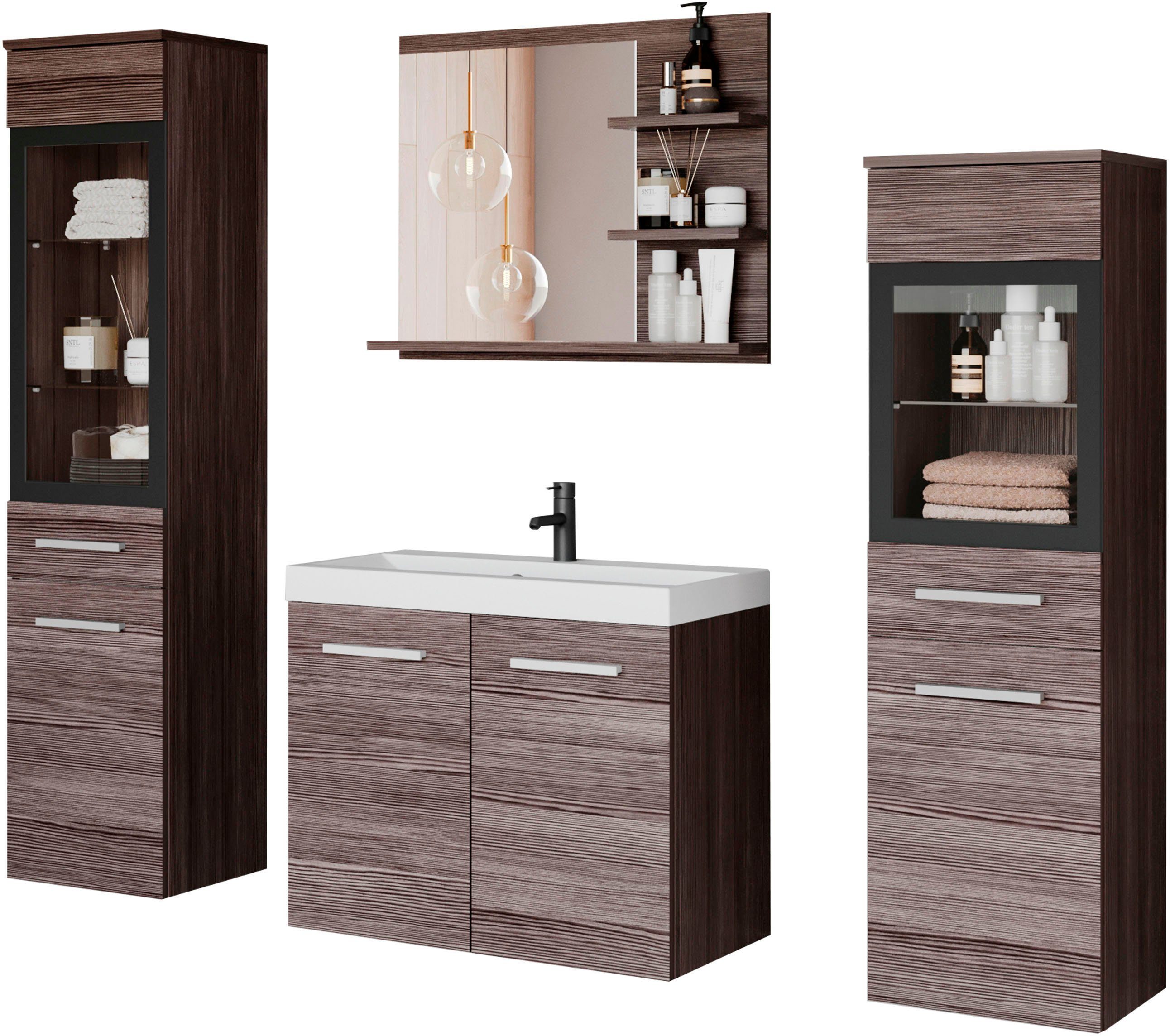 welltime Badmöbel-Set MADRIT, (Komplett-Set, 4-St., mit Waschbecken), Waschtisch inkl. Waschbecken, Badschrank, Hochschrank, Spiegel