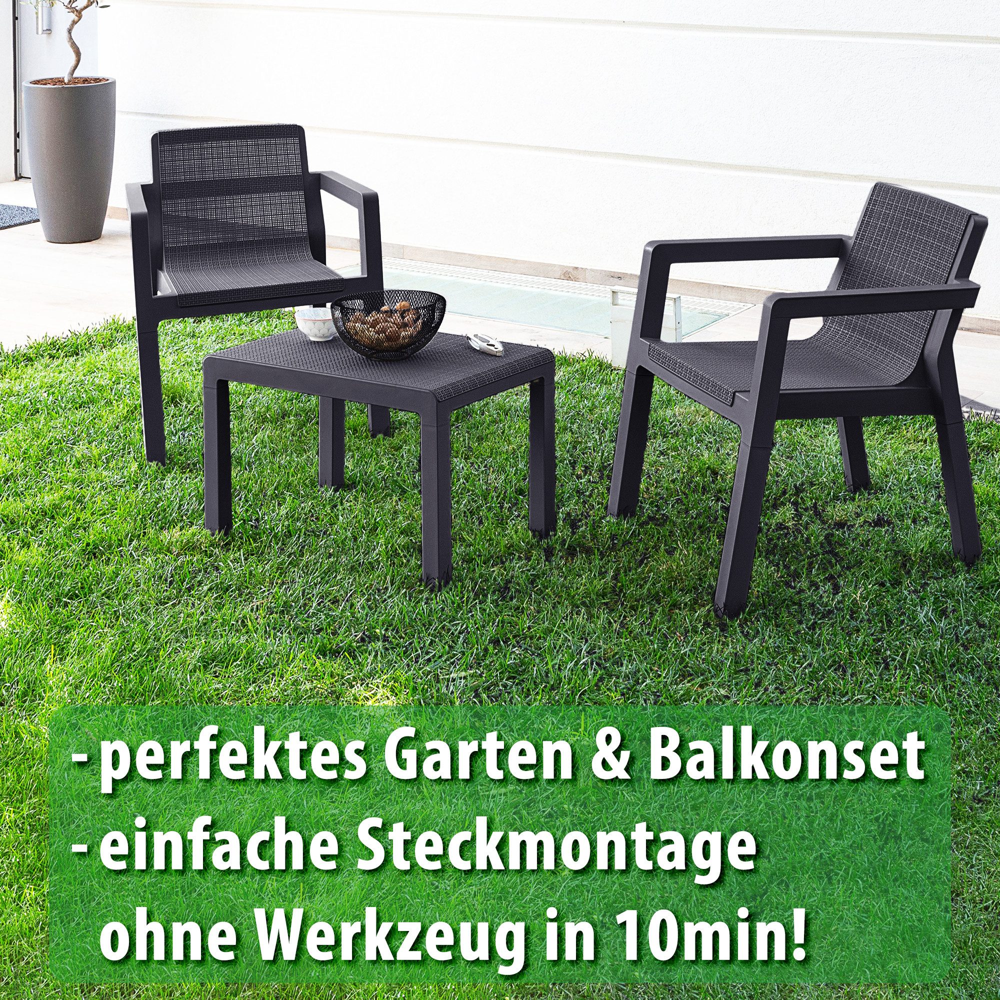 ONDIS24 Gartenlounge-Set Riviera Balkonmöbel Set Gartenmöbel Set 2 Sessel mit Tisch, (3-tlg), in Jute Optik aus UV-& wetterbeständigen Kunststoff