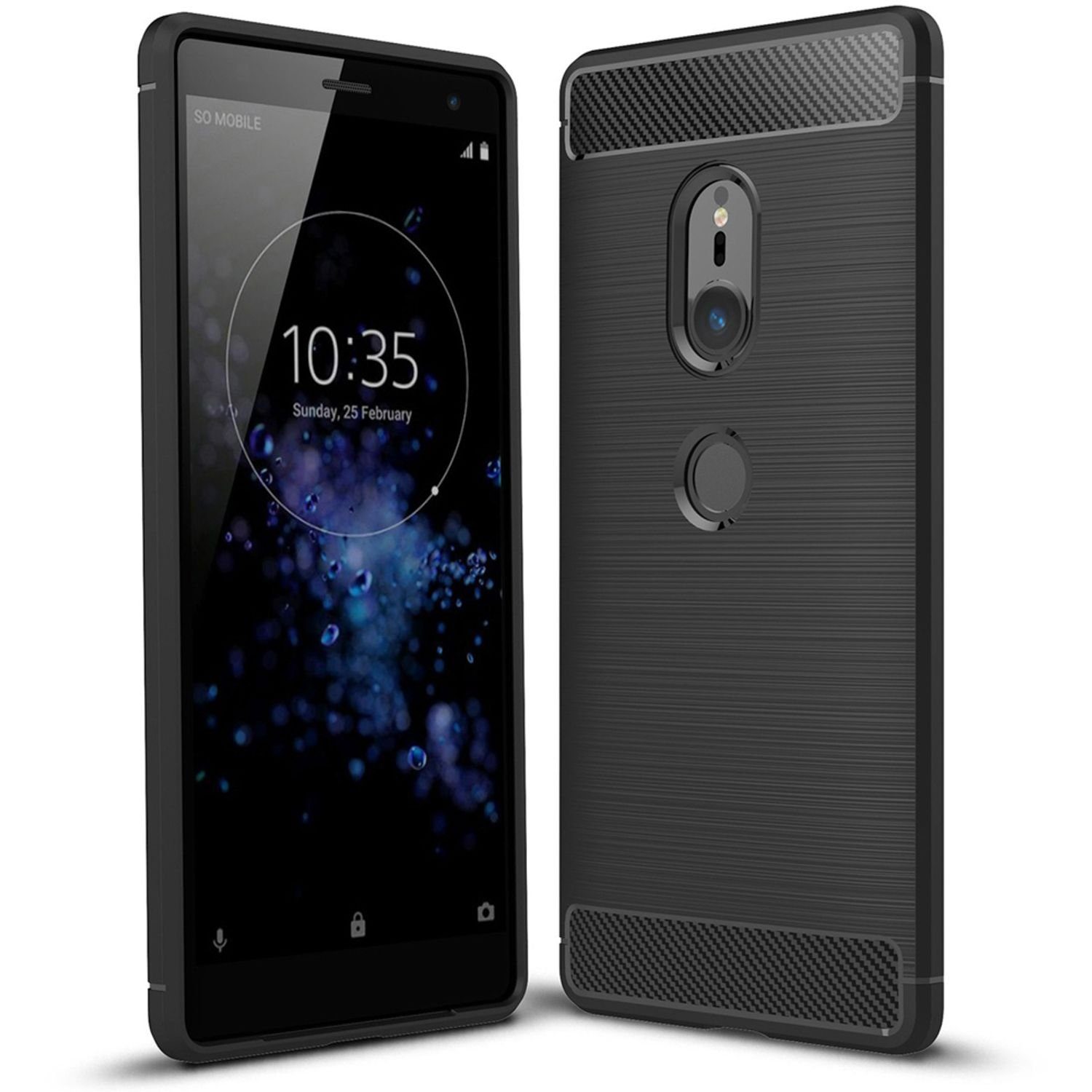 Nalia Smartphone-Hülle Sony Xperia XZ2, Carbon Look Silikon Hülle / Matt Schwarz / Rutschfest / Karbon Optik