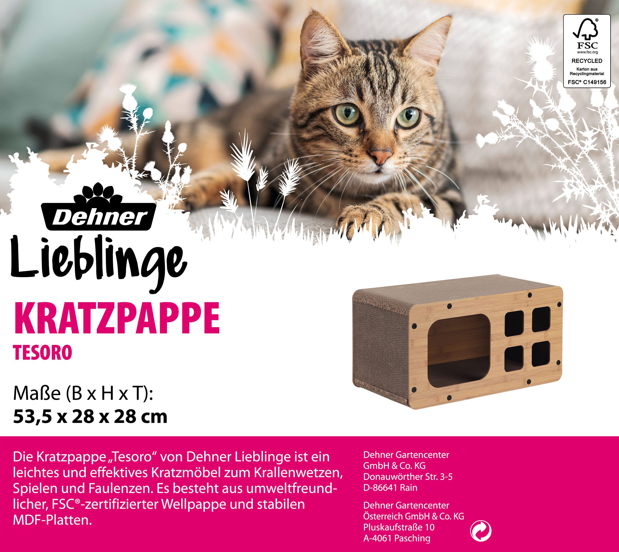 Dehner Kratzbaum Tesoro für Katzen, robust, ca. 53.5 x 28 x 28 cm, braun, höhenverstellbar