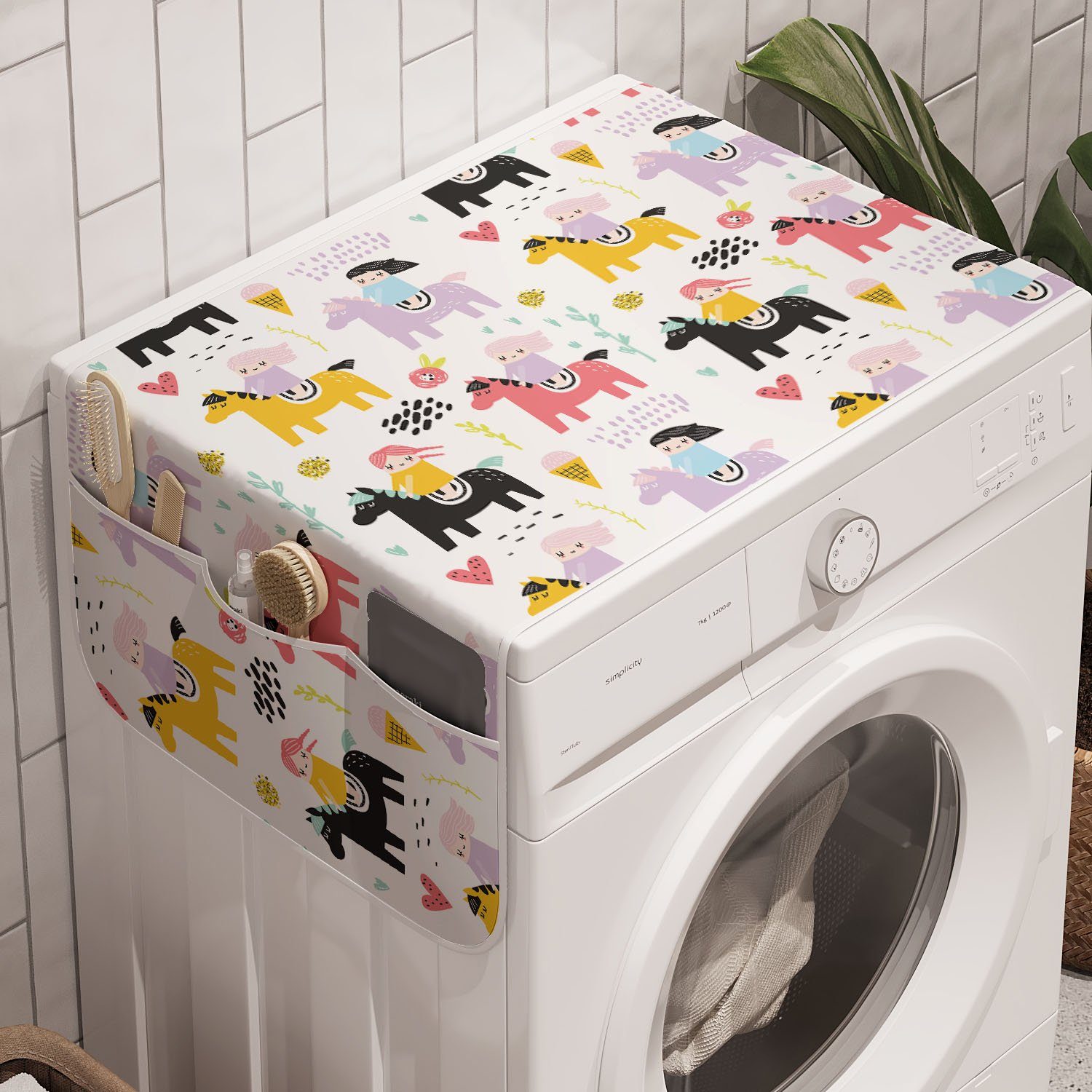 Abakuhaus Anti-Rutsch-Stoffabdeckung einem Waschmaschine Kindisch Reiten Pony Mädchen Badorganizer Trockner, für Junges und auf