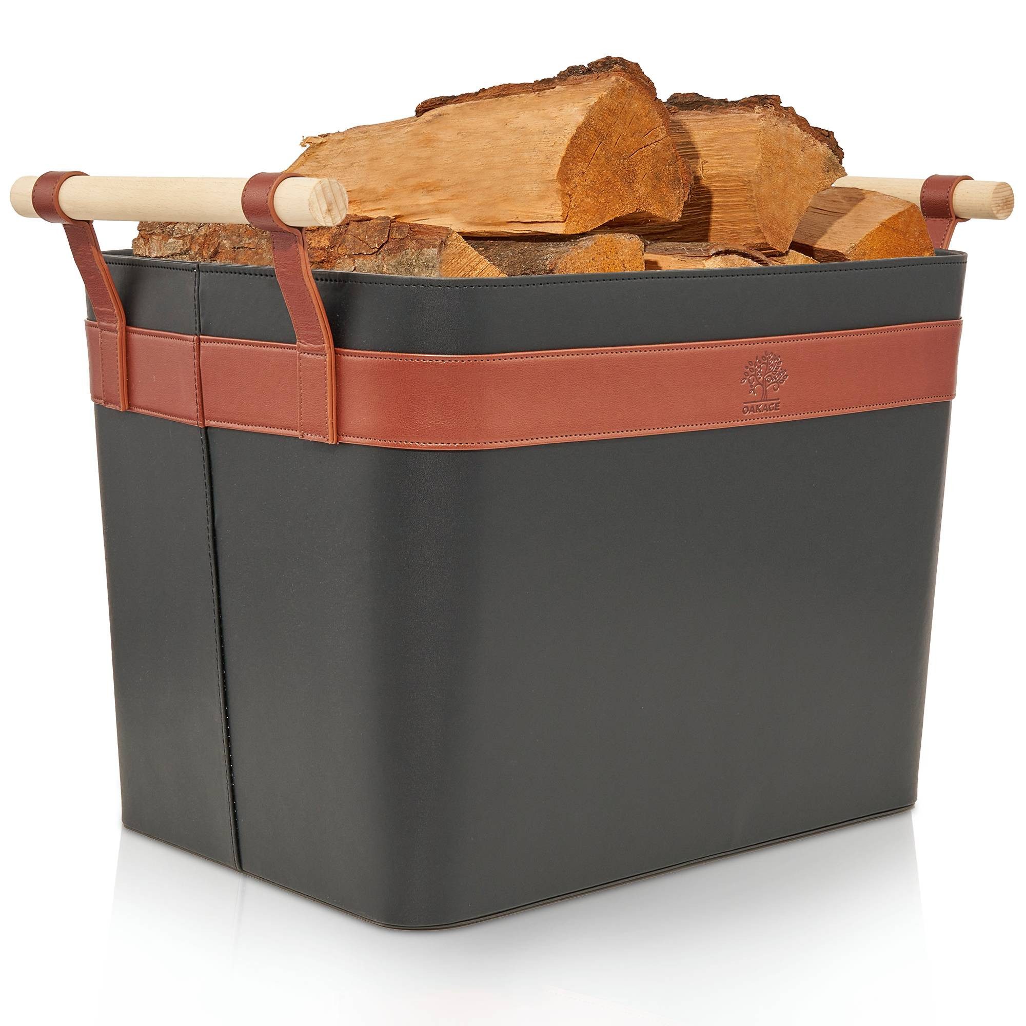 OAKAGE Kaminholzkorb Holzkorb für Kaminholz Groß aus veganem Leder Feuerholzkorb (Set, 1 x Holzkorb + 1 x Zündholzkorb)