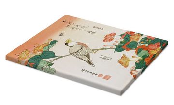Posterlounge Leinwandbild Katsushika Hokusai, Mirabilis Jalapa und Kernbeißer, Wohnzimmer Malerei