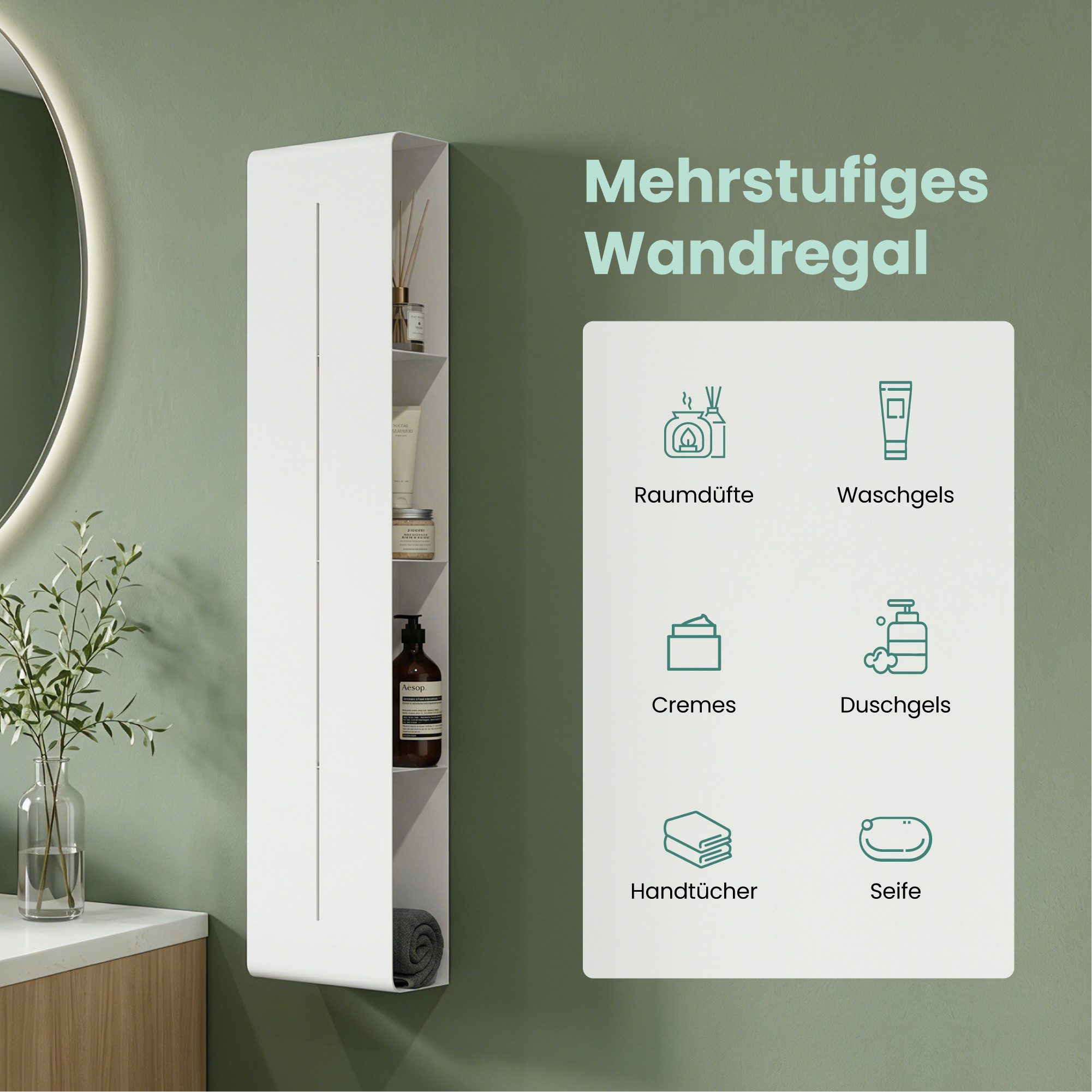 Mai & Mai Duschregal Duschablage schmal mit 4 Ablagen in Weiß hoher Ebenenabstand Reglo-16, 15 cm lange Ablauföffnungen für schnellen Wasserabfluss – Bild 2 von 5