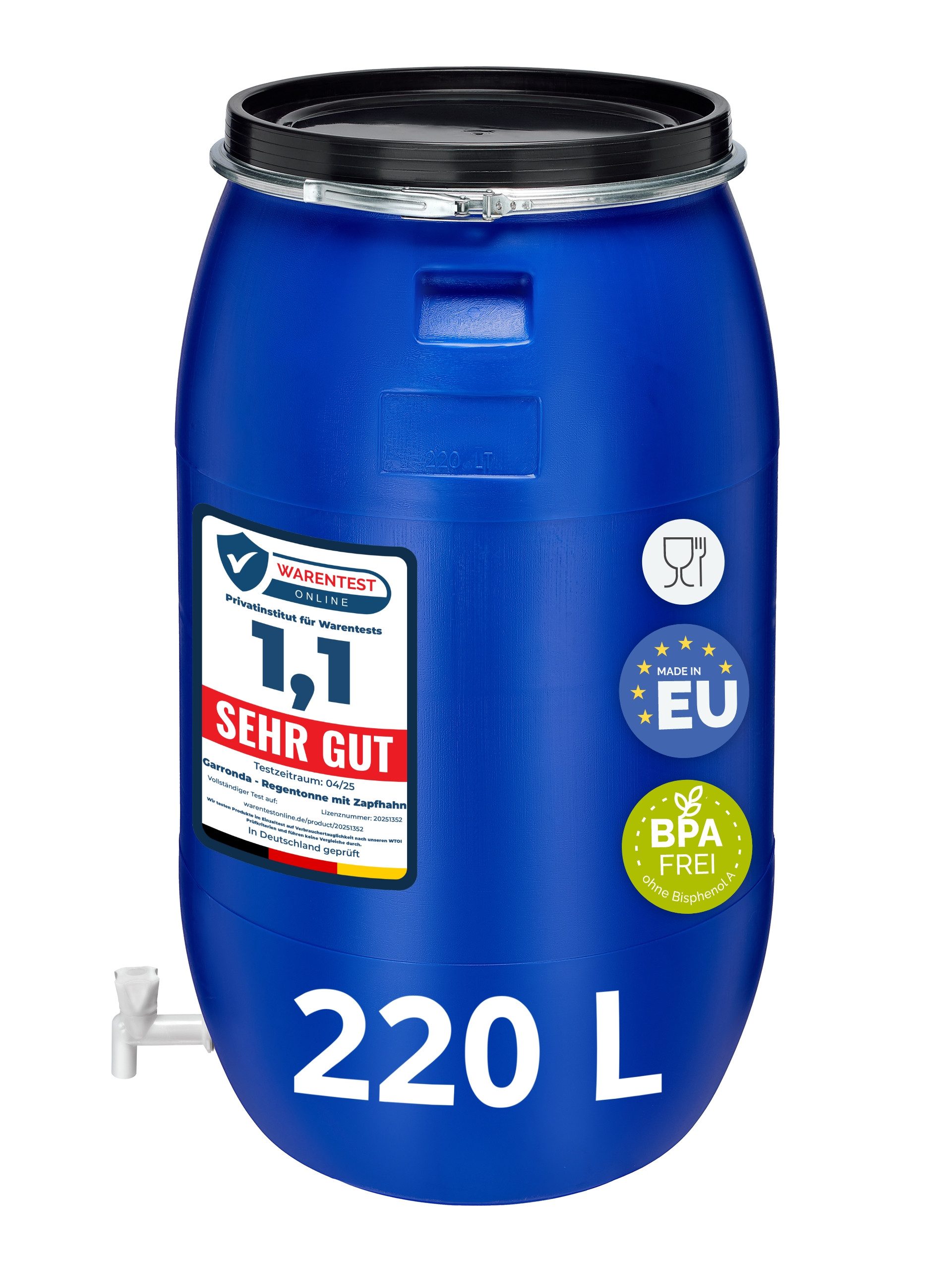 Garronda Regentonne 220L Weithalsfass mit Deckel und Hahn aus HDPE für Haus&Garten GD-0091, 220 l, (1-tlg), BPA-Frei