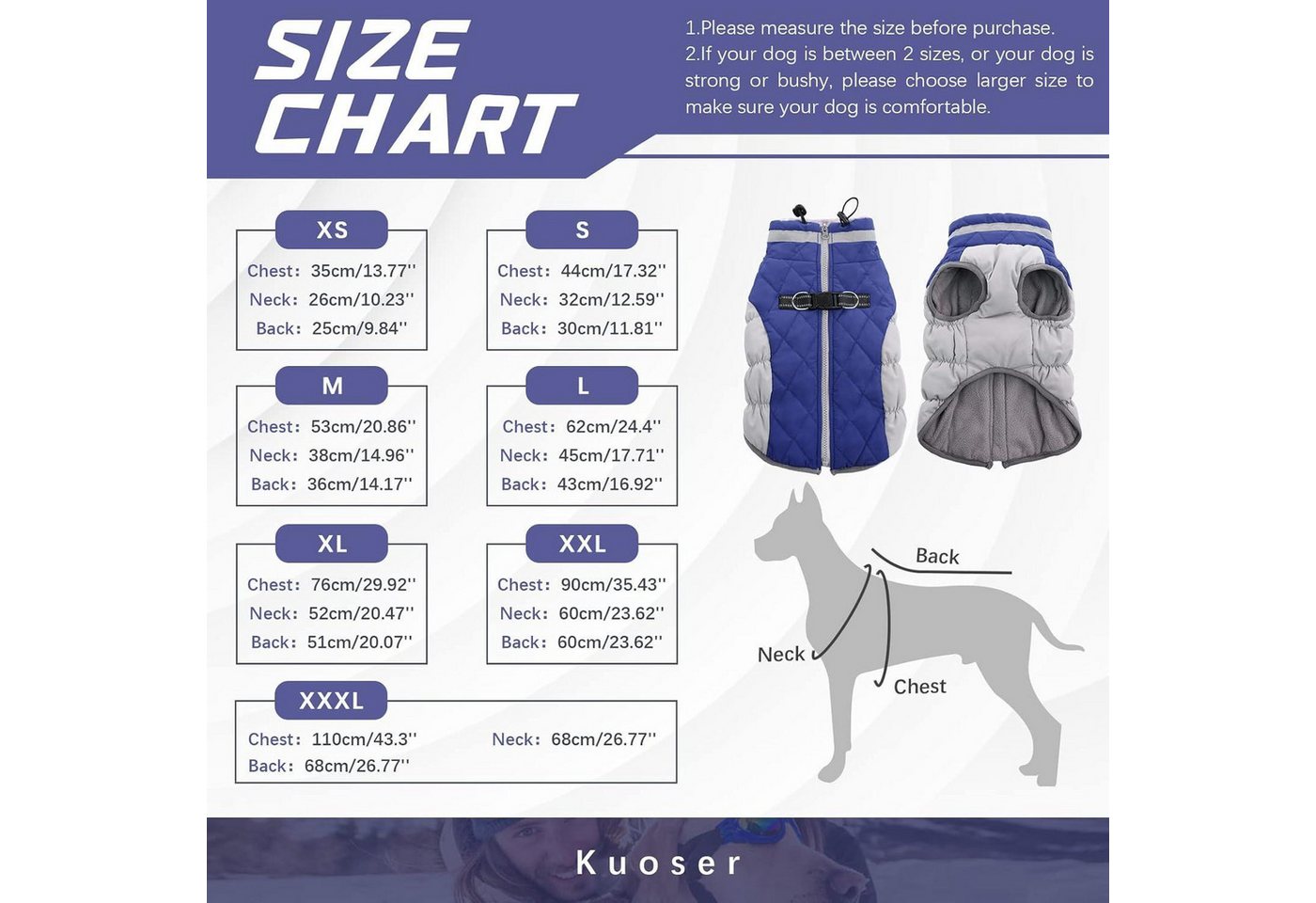 Thumbnail - Kuoser Schutzkragen Wasserdichter Hundemantel Kuschelige Winterjacke für Hunde Blau XS-L