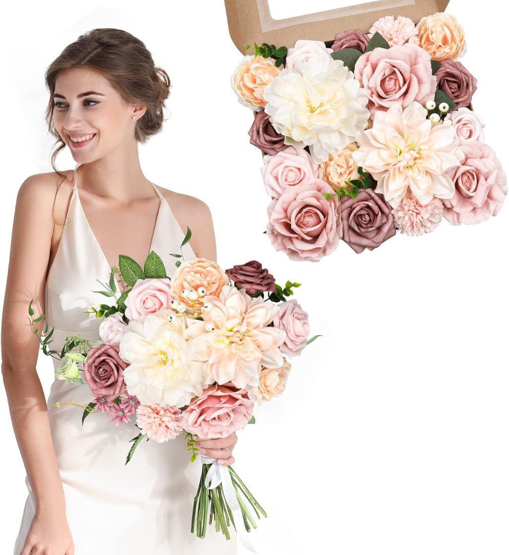 Kunstblume Künstliche Blumen Set, Seidenblumen Mix mit Dahlien & Rosen, Diwzbyn, Blumenstiele für DIY, Hochzeiten, Tischdeko & Wohndeko