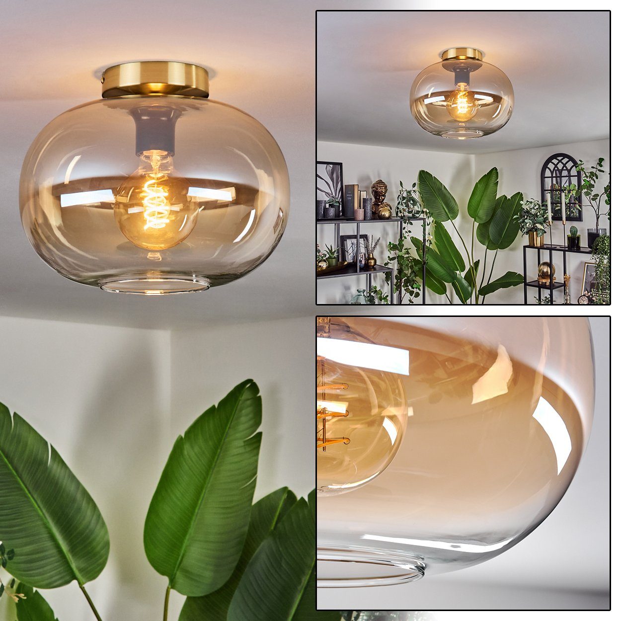 hofstein Deckenleuchte Deckenlampe aus Metall/Glas in Goldfarben/Schwarz/Bernsteinfarben/Klar, ohne Leuchtmittel, moderne Leuchte mit Schirm aus Glas (30cm), 1xE27, ohne Leuchtmittel