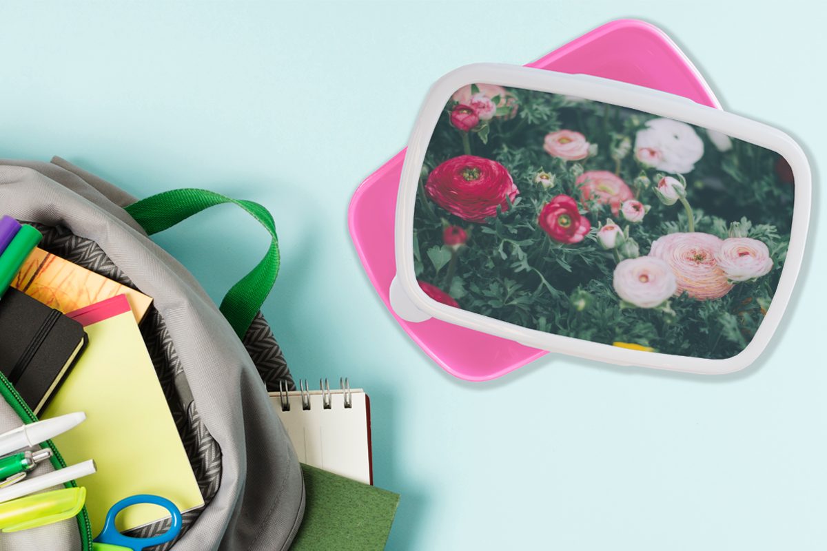Kunststoff, MuchoWow Brotbox Kunststoff - - Blätter Snackbox, Blumen Erwachsene, Lunchbox Brotdose Kinder, für (2-tlg), Mädchen, Rosa,