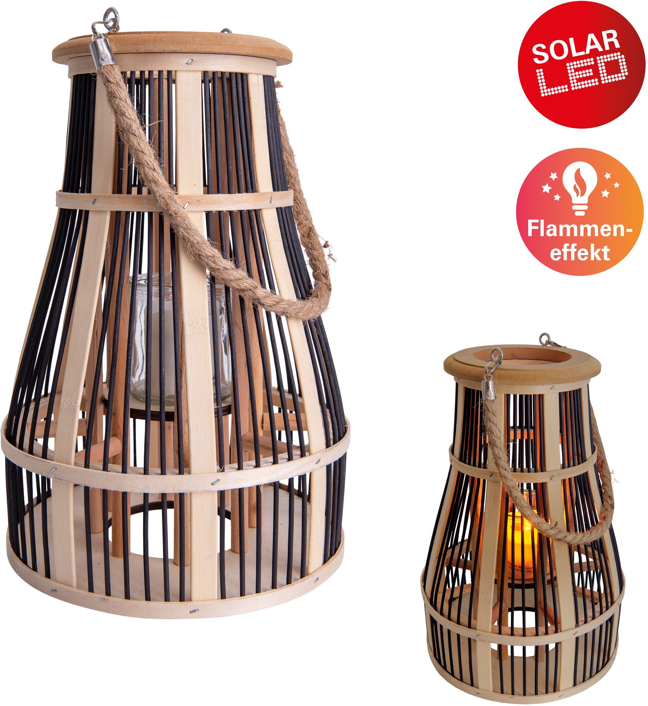 Bambus/Jute/Glas Teelicht, integriert, für Glaseinsatz Korb, näve Flammeneffekt, LED Warmweiß, Material: fest Solarleuchte LED Ein-/Ausschalter,