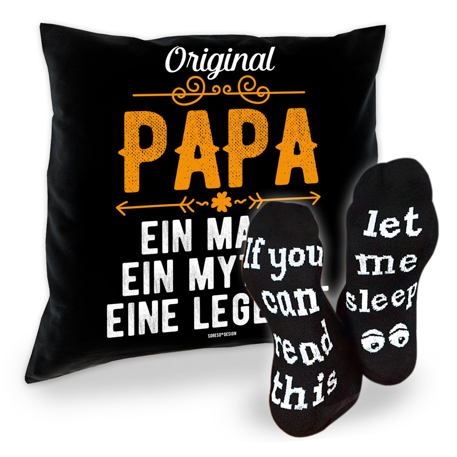 Soreso® Dekokissen Geschenk für Männer Papa Mann - Deko Kissen + Lustige Sprüche Socken, Komplettes Geschenke Set, handgefertigt in Deutschland