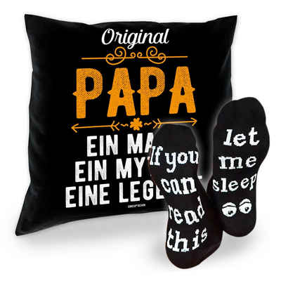 Soreso® Dekokissen Geschenk für Männer Papa Mann - Deko Kissen + Lustige Sprüche Socken, Komplettes Geschenke Set, handgefertigt in Deutschland