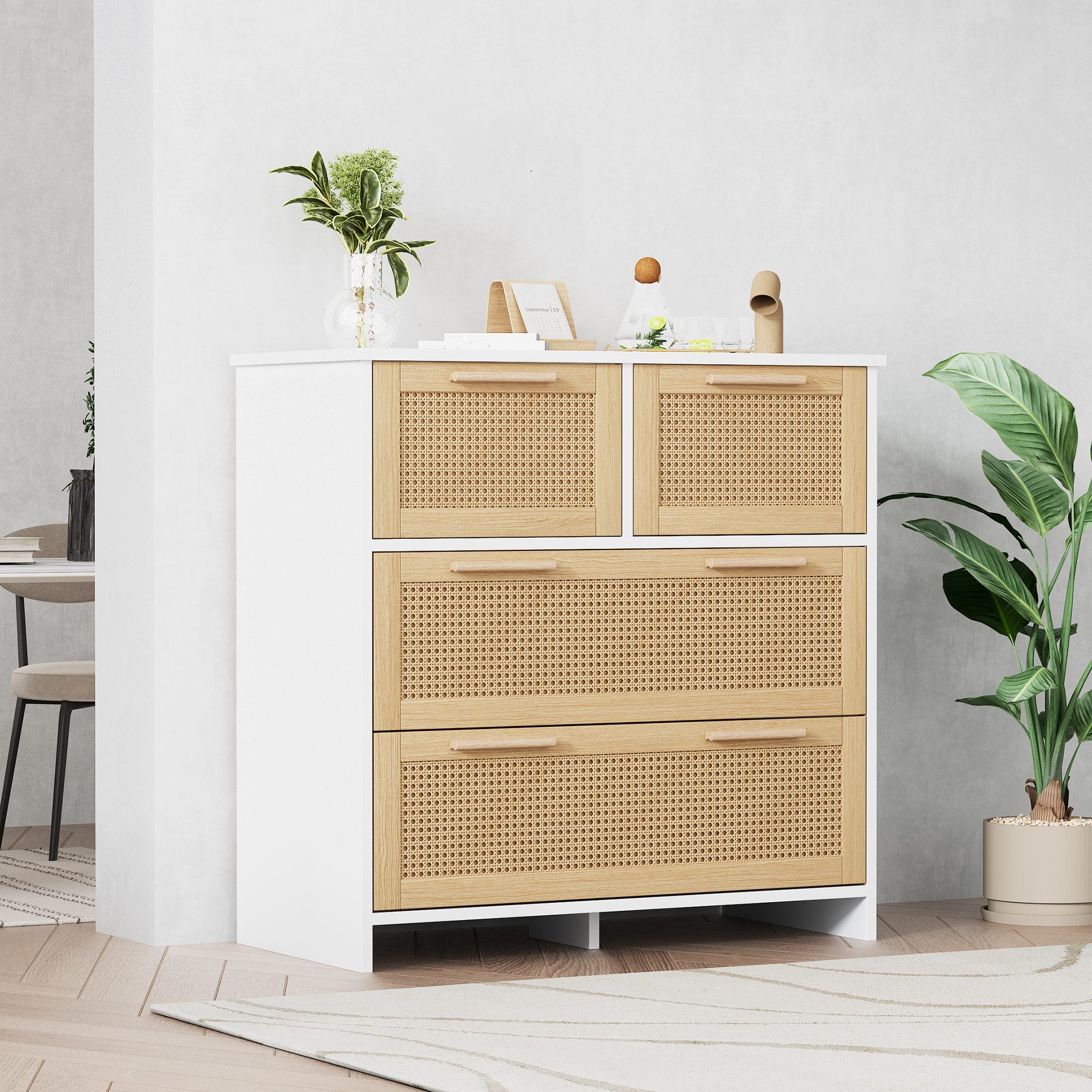 Flieks Sideboard (80x38x80cm, 1 St), 4-Schubladen Rattanschrank Kommode Anrichte Wohnzimmer