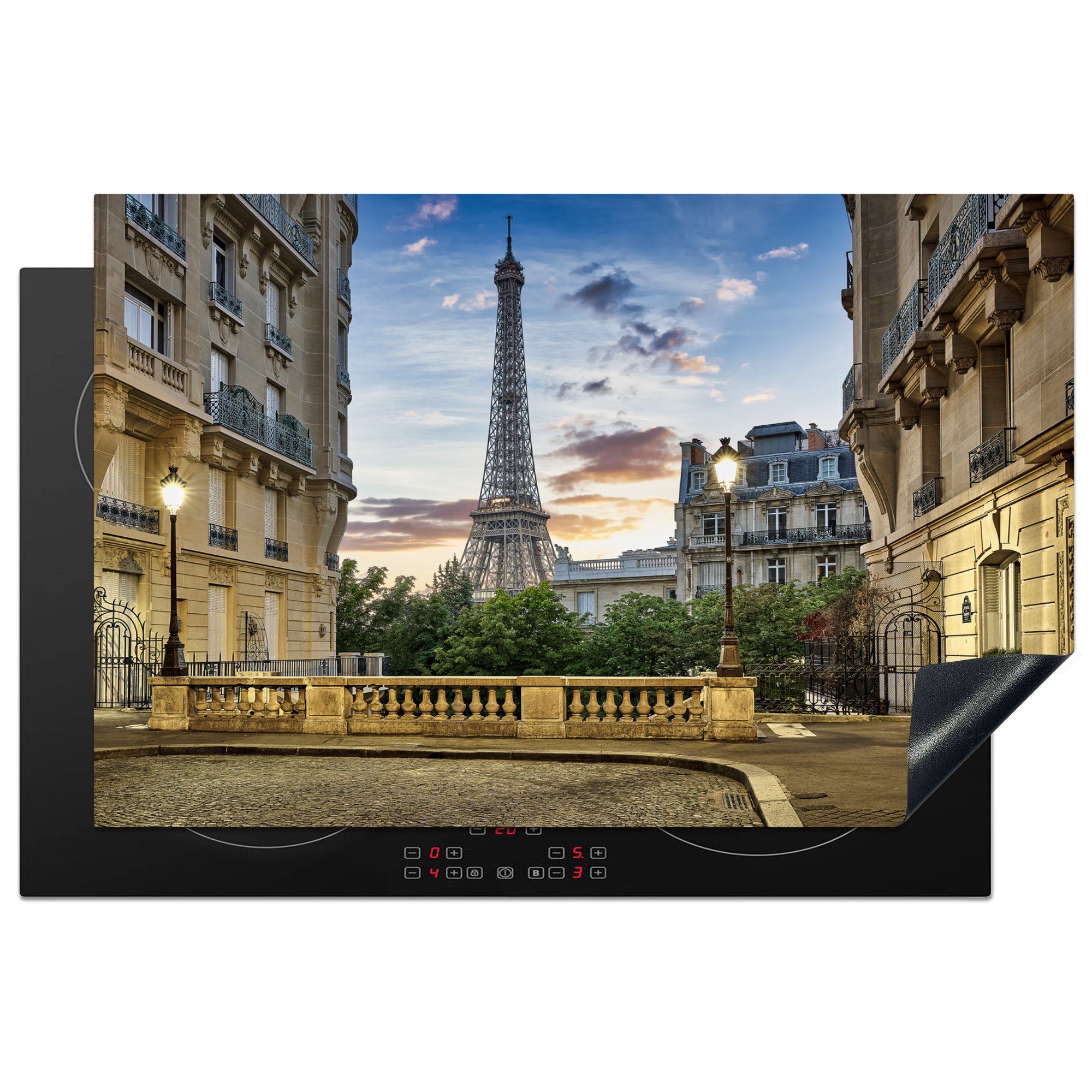 MuchoWow Herdblende-/Abdeckplatte Blick auf den Eiffelturm von einer Straße in Paris, Vinyl, (1 tlg), 81x52 cm, Induktionskochfeld Schutz für die küche, Ceranfeldabdeckung